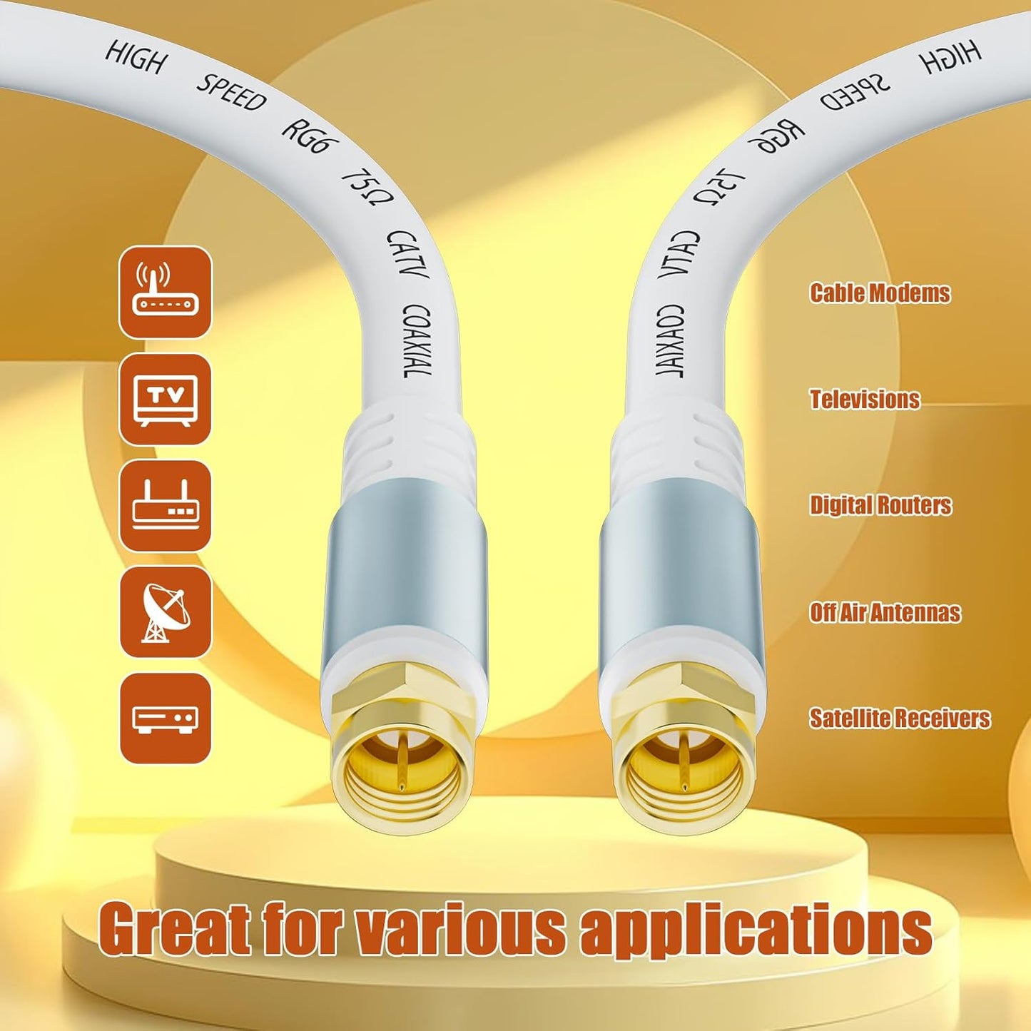 LDKCOK 3ft RG6 75 Coaxial Cable White, Premium Ohm Coax Cable for High-Speed Internet Modem, Cable TV Antenna