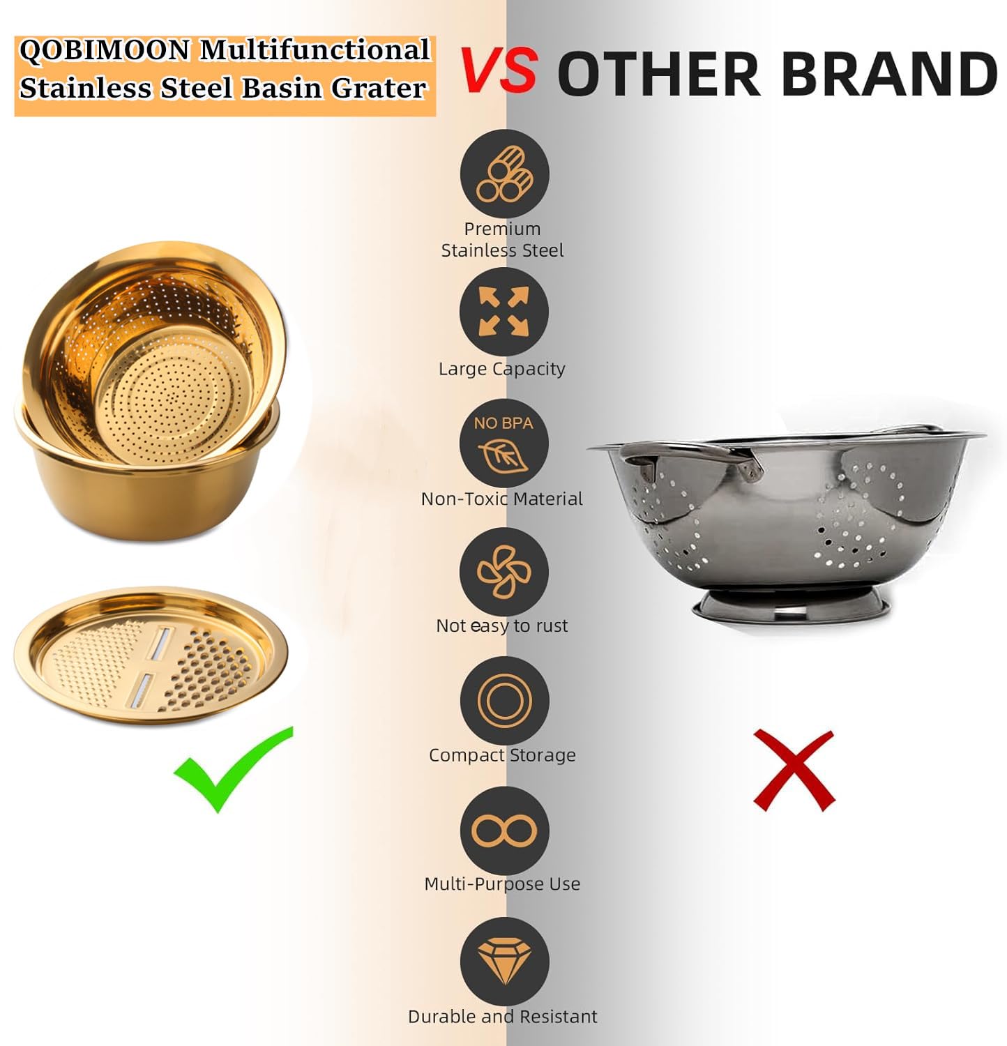 QOBIMOON 3PC/Set Colander set Stainless Steel Vegetable Slicer Fruit Potato Peeler Carrot Grater Strainer Utensil Round Rice Washer Bowl Drain Basket-Gold