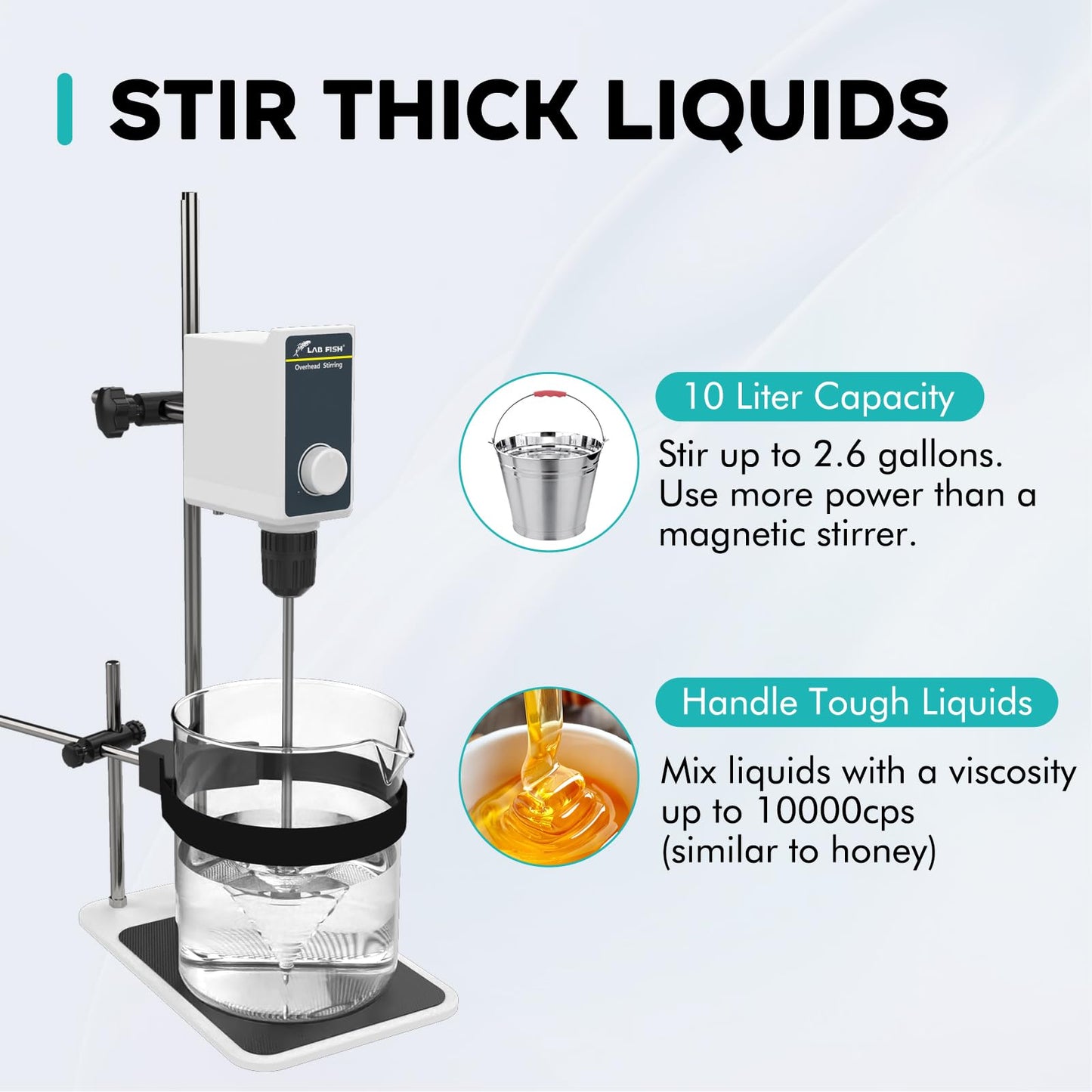 LAB FISH Laboratory Overhead Stirrer Lab Stirrer | Stirring Rod and Stainless Steel Stand | Mixer Adjustable Speed 100-1000RPM Capacity 10L 10000 mPas AC 100-240V