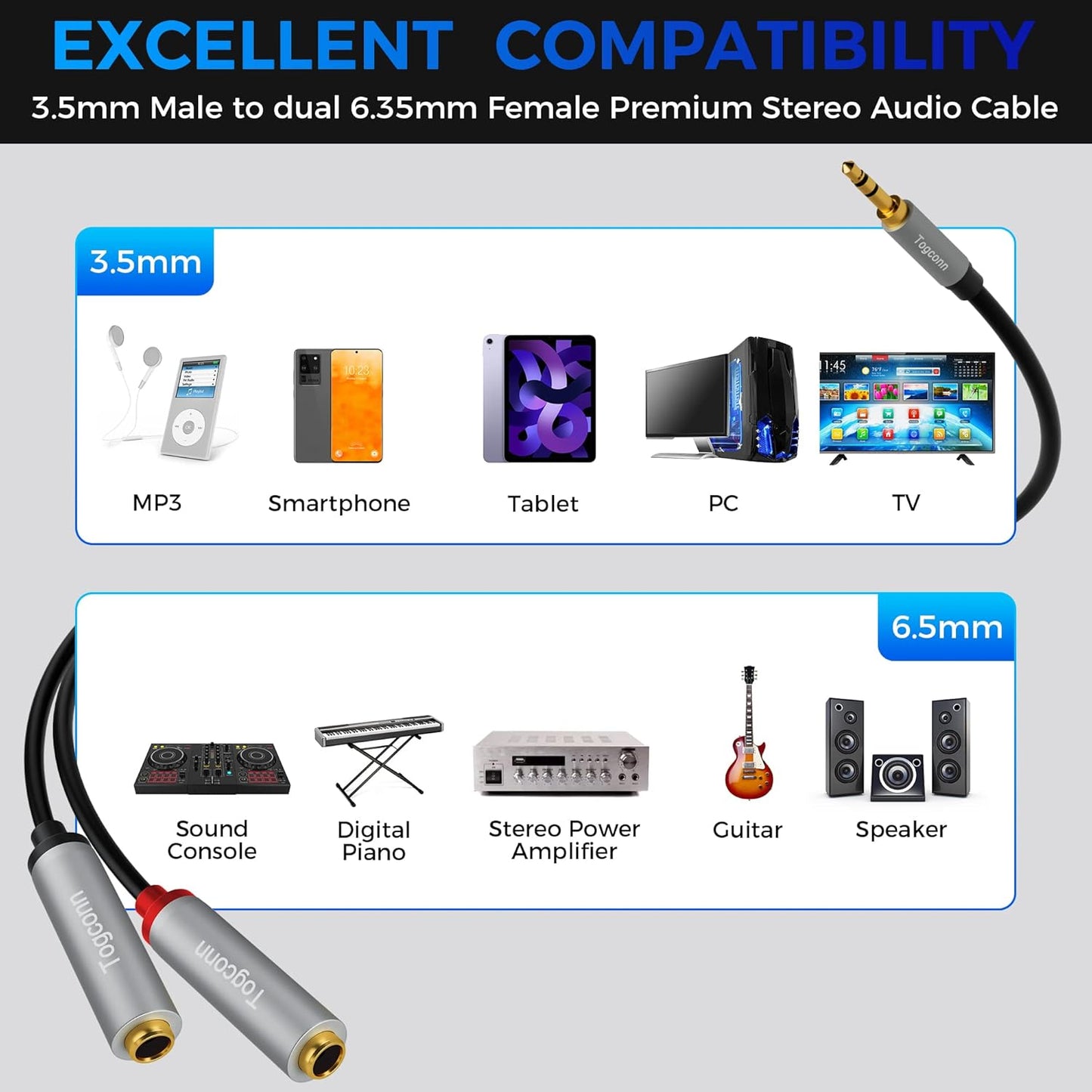 Togconn 1/8 Inch 1/4 Inch 0.6 Feet,3.5mm 2 6.35mm to Dual Audio Y-Splitter Cable TRS Stereo Male to X TS Mono Female Y