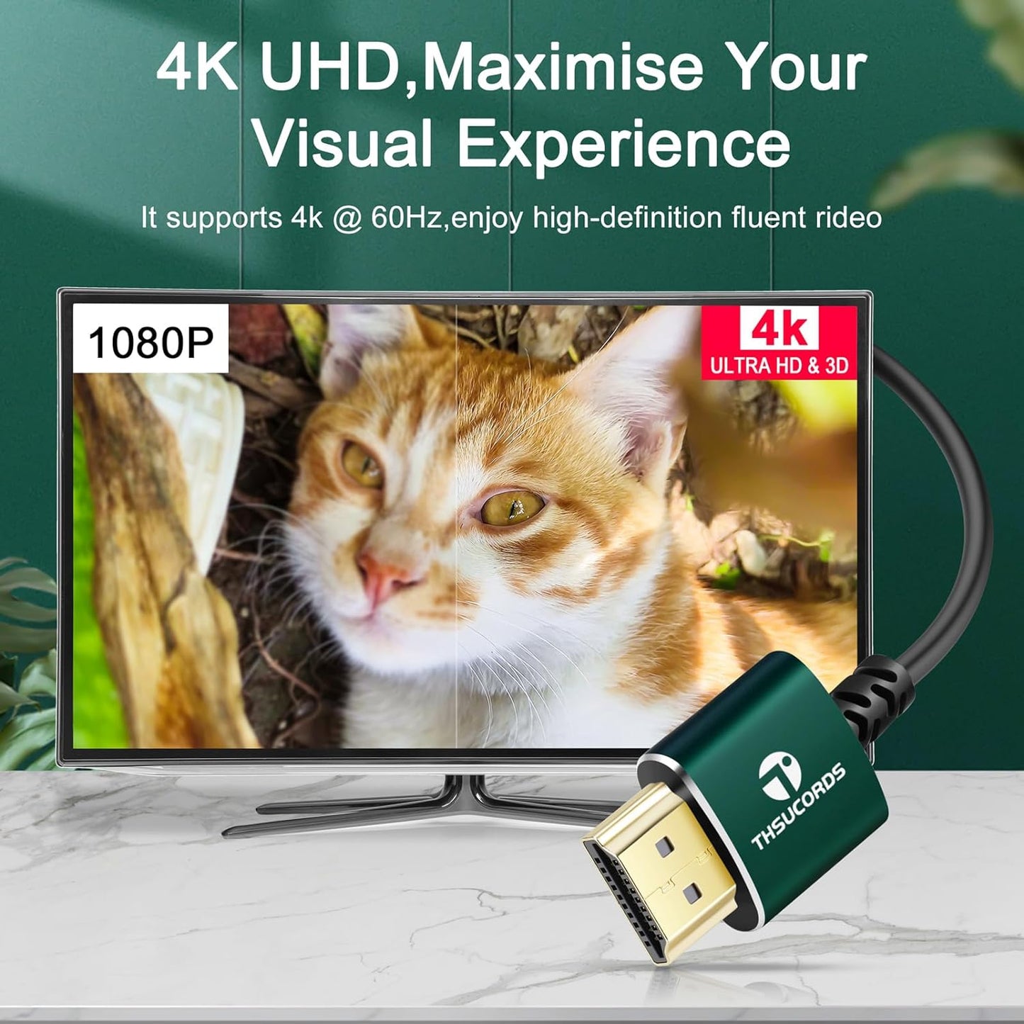 15FT, 4K@60Hz 18gbps 2160p 1080p Thsucords Slim HDMI Cables Ultra Soft & Thin HDMI to HDMI Cord, Extreme Flexible