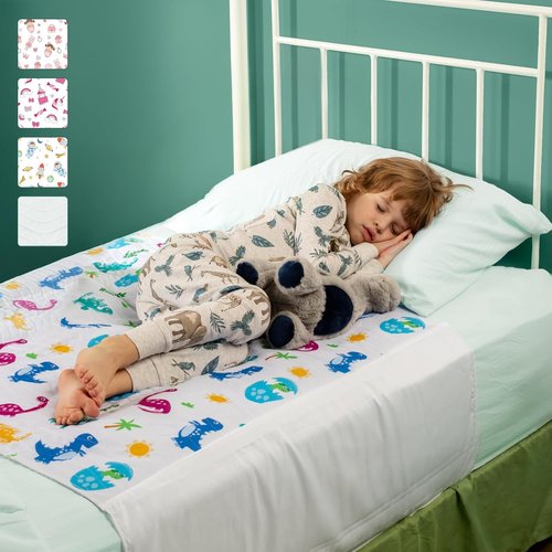 IMPROVIA® Pee Pads for Kids - Bed wetting Pads for Kids Potty Training Bed mats for Toddlers Waterproof Reuseable Washable Absorbent, Non Slip - Dino Design - Twin Size 34”x36