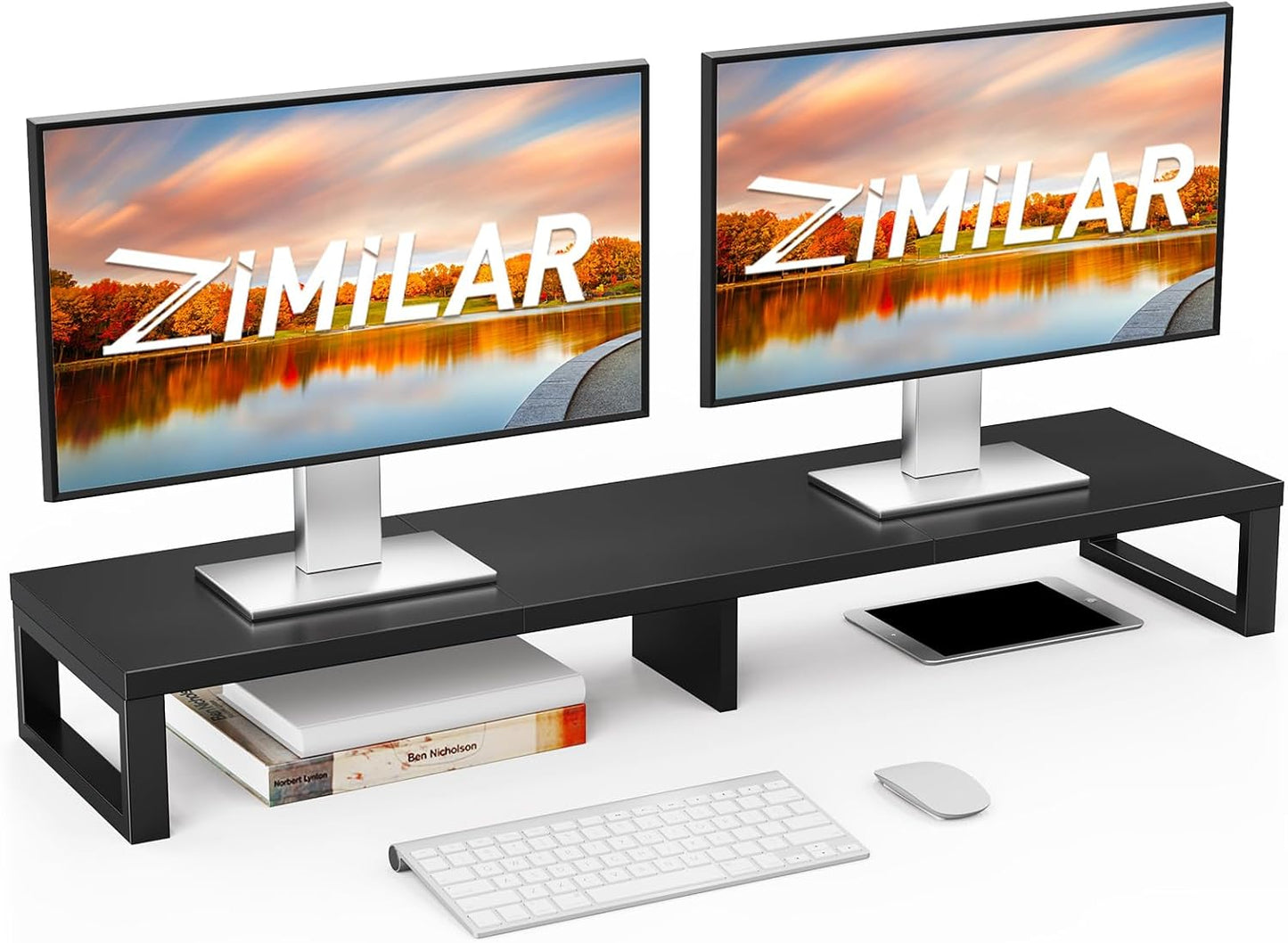 2 Zimilar Dual Monitor Stand Riser, Large Monitor Stand for Desk, Wood Monitor Riser with Storage Organizer for Home