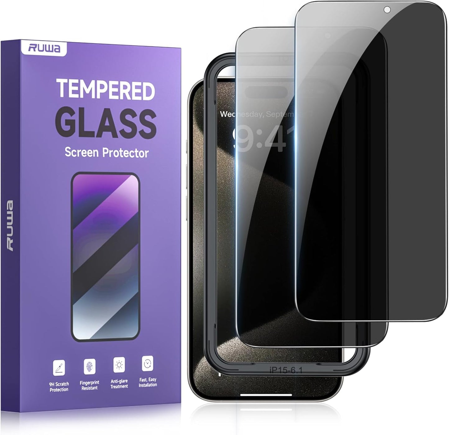 15/16 [6.1 Inch][2-Pack] 9H ruwa Privacy Screen Protector for iPhone Anti-Peep Tempered Glass Film with Easy