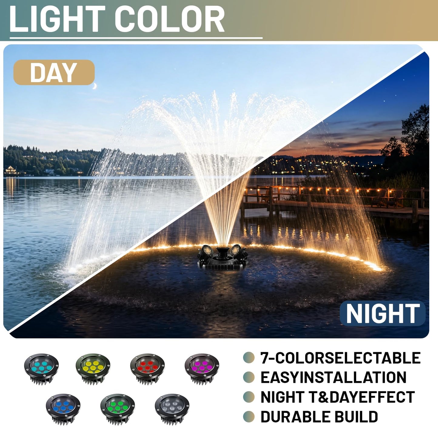 Pond Fountain Aerator with Lights,with 4 RGB Lights,1HP 750W 110V,Stainless Steel Floating Pond Fountain with 100FT Power Cord,Timer,Fixed Nails and Ropes,Pond Fountains for Small Large Ponds,Lakes