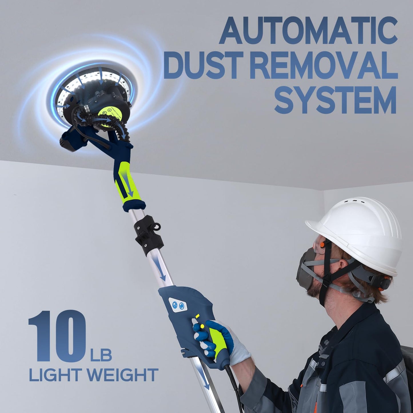 Drywall Sander, 2026 Upgraded 8-Amp Popcorn Ceiling Removal Tool with 7 Variable Speed 800-1800RPM, Drywall Sander with Vacuum Dust Collector with LED Light, Extendable Handle,12pcs Sanding Discs,Blue