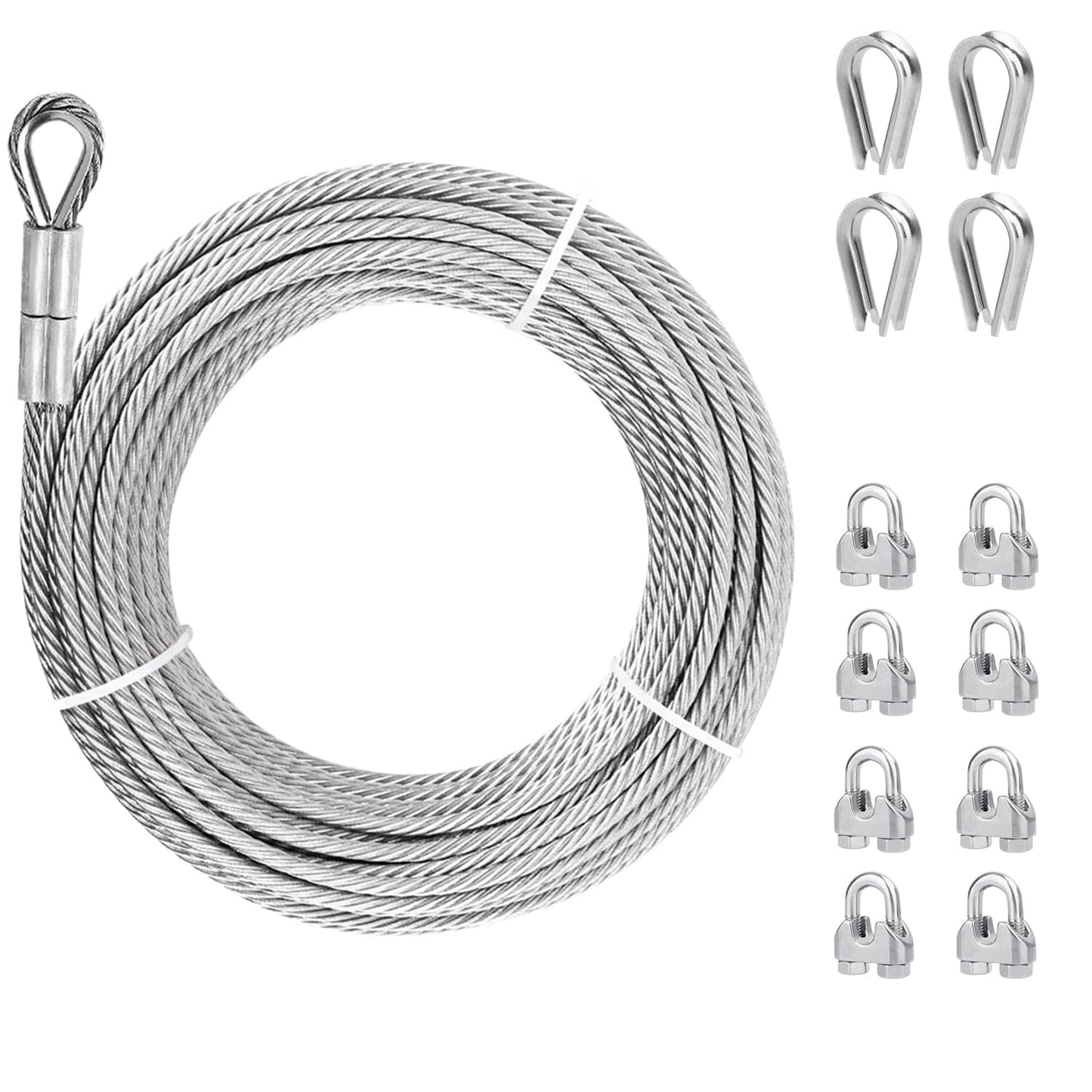 3/8” Stainless Steel Cable, 150ft 304 Stainless Steel Aircraft Cable with 12000lbs Breaking Strength, 7x19 Strands Wire Rope with Clamps & Thimble for Ziplines, Boat Lifts, Deck Railings, Winch Cable