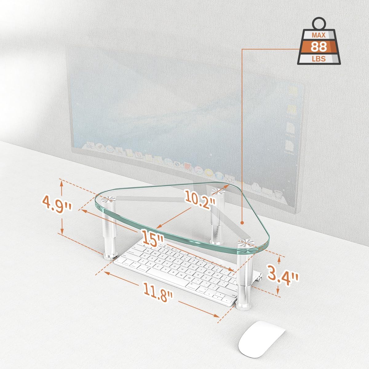 HD01T-003 Hemudu Clear Glass Computer Monitor Riser / Triangle Desktop Universal Corner Stand for Computer Monitor