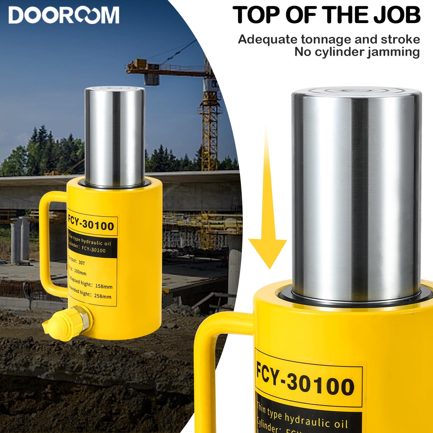DOOROOM 30T 4Inch Stroke Porta Power Single Acting Lifting Cylinder for Shipbuilding, Machinery and Industry,Automatically Retract Split Hydraulic Cylinders Jacks, Yellow