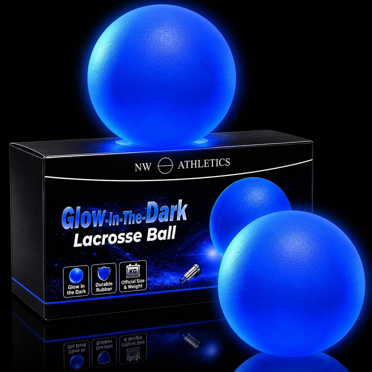 NW Athletics Glow in the Dark Lacrosse Ball | Night Practice & Training Equipment for All Ages | 2 Pack Official Size & Weight | Lacrosse Gift | LED Sky Blue