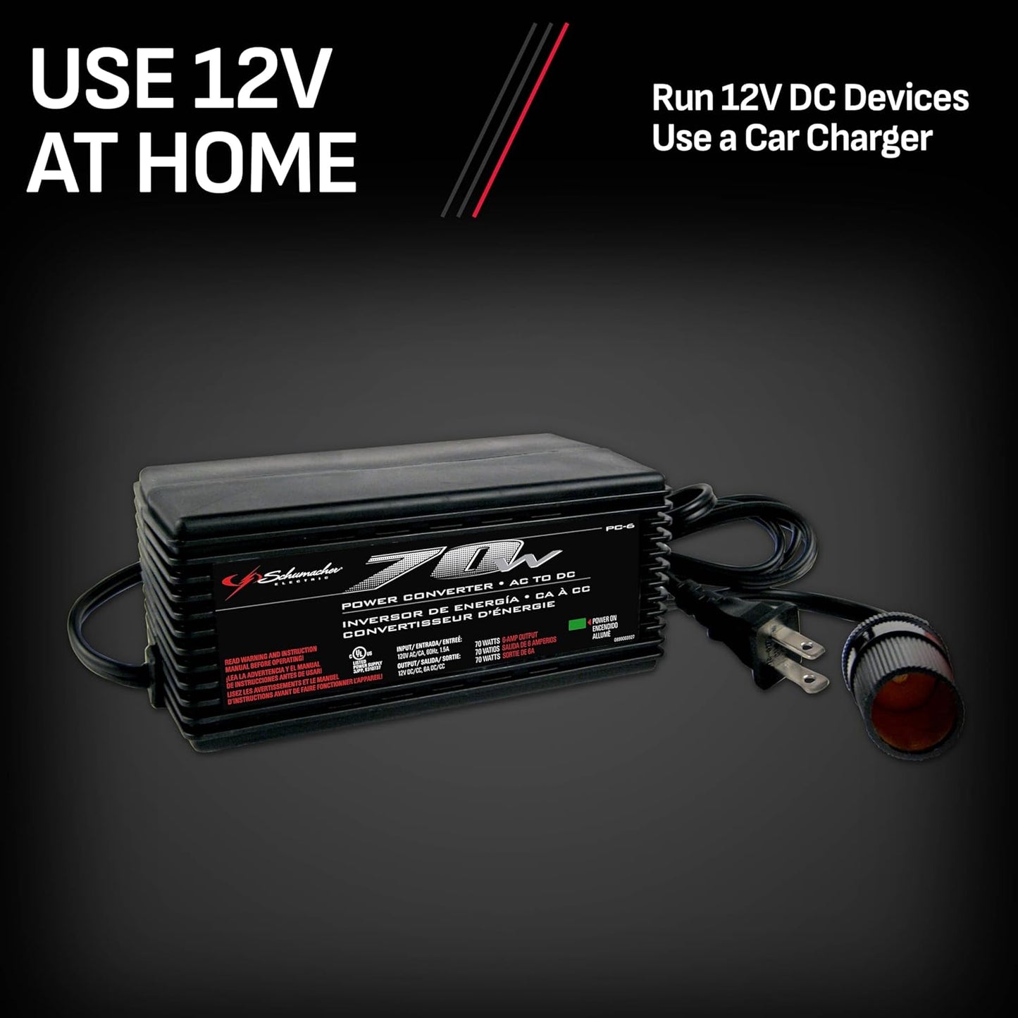 Schumacher Electric PC-6, 70 140 12 AC to DC Power Converter, Continuous Watts, Peak Watts, Volt DC Accessory Port