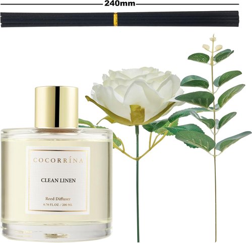 Cocorrína Reed Diffuser - Clean Linen 6.7oz Scented Home Fragrance with Sticks | Elegant Bathroom Decor