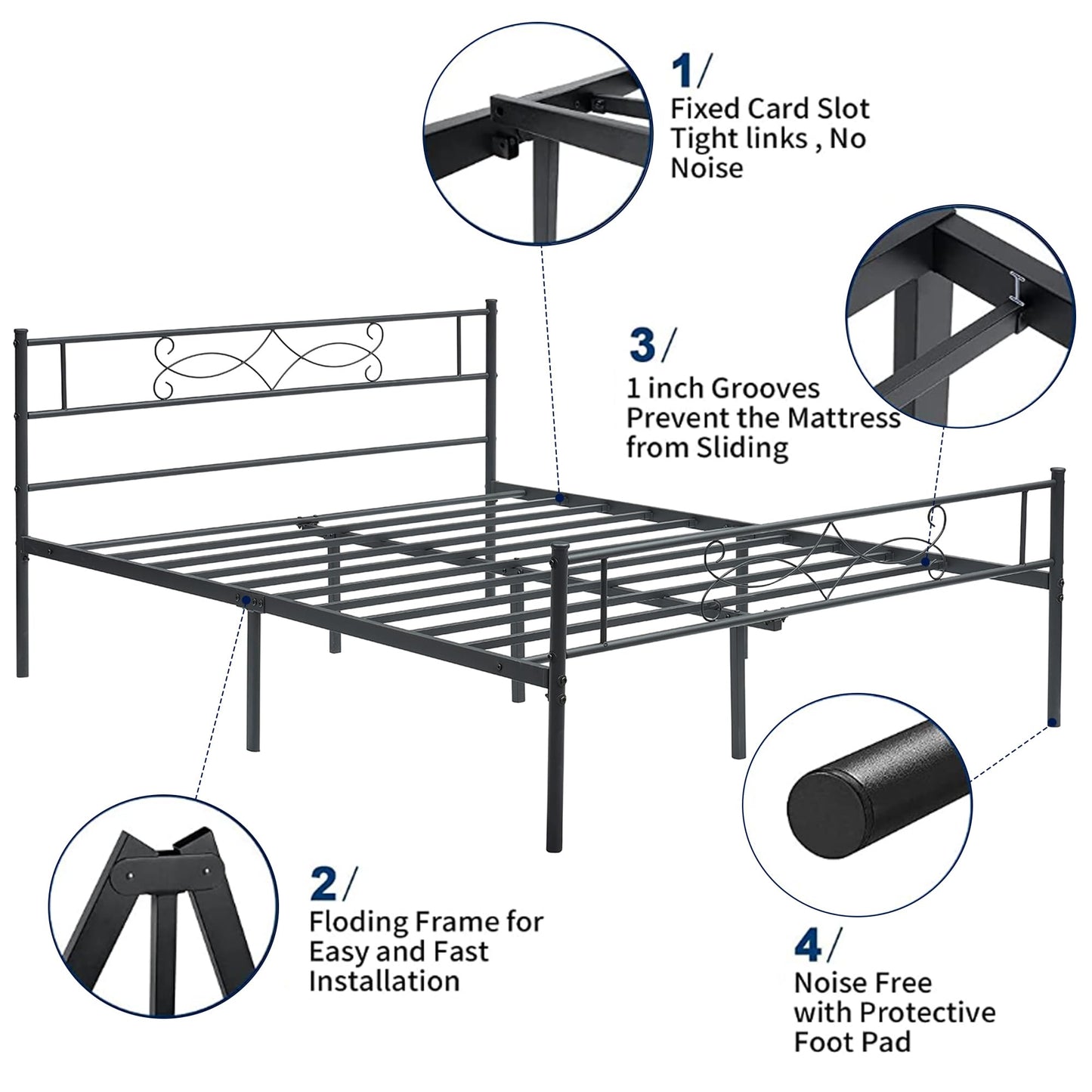 VECELO 14" Queen Size Metal Platform Bed Frame with Headboard and Charging Station,Premium Steel Slat Support No Box Spring Needed,Noise-Free Anti-Slip,Easy Assembly