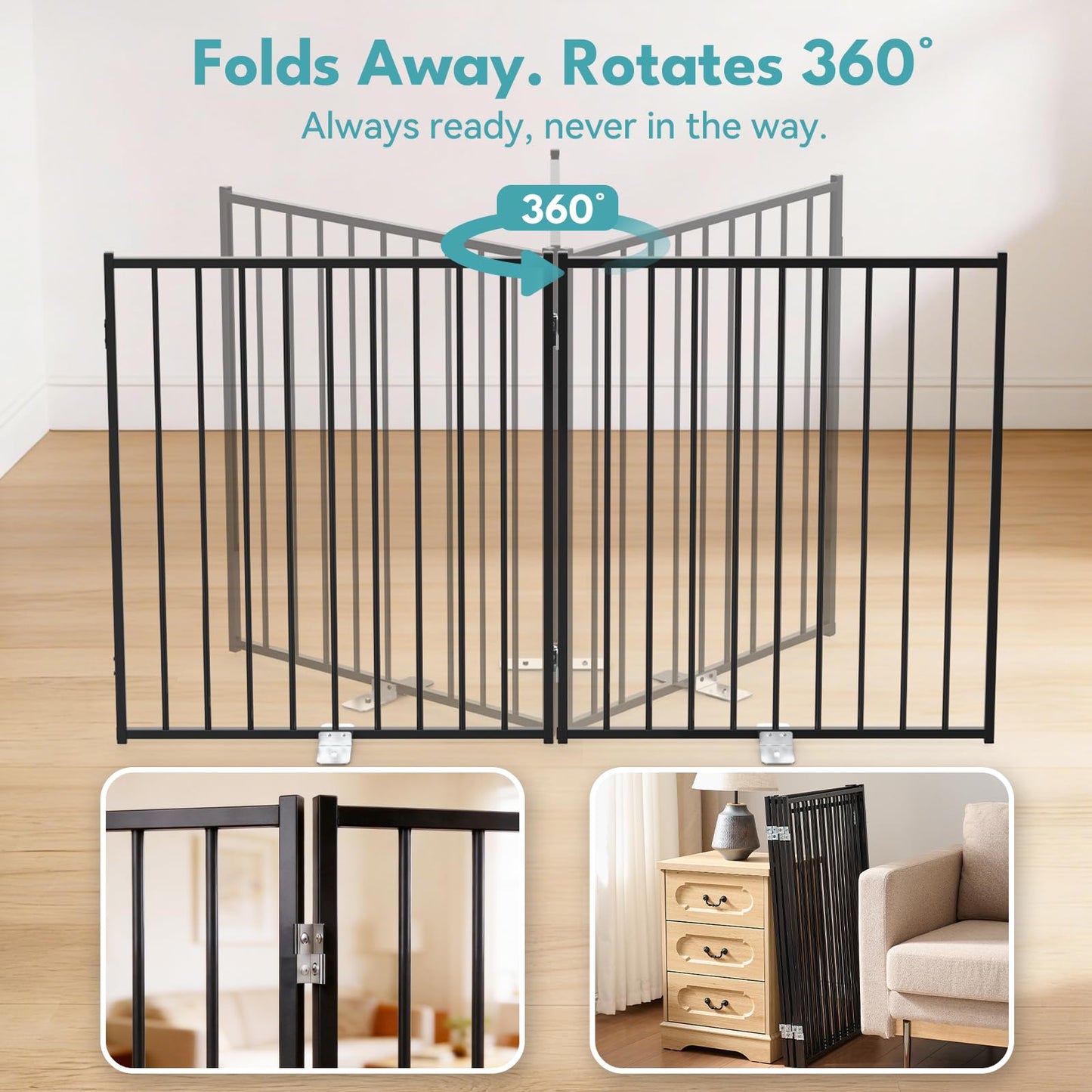 No Pawblems Free Standing Dog Gate with Door, 30'' Tall Foldable Dog Fence for Indoor & Outdoor, Up to 78 Inch Extra Wide Puppy Gate for Stairs, Hallways, Doorways, Deck, Yard (Black, 3 Panels)