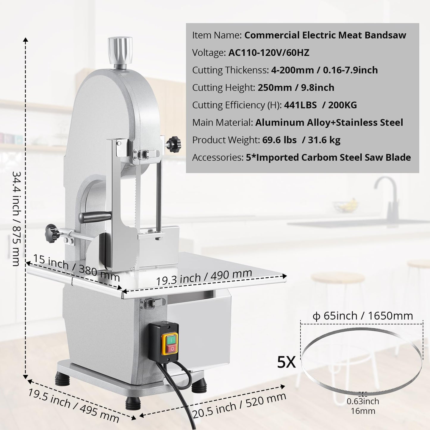 1100W Commercial Electric Meat & Bone Band Saw with Stainless Steel Table (19.3"X15"), Adjustable Thickness 0.16-7.9", Includes 5 Blades – Frozen Meat Cutter Ideal for Butcher Shops, Restaurants, Home
