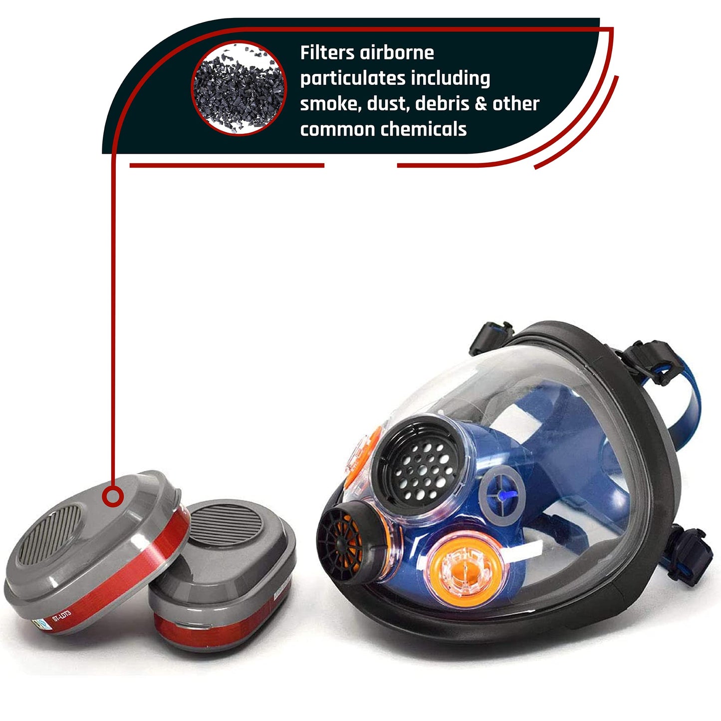 Parcil Distribution PD-101 Inferno Red Mirrored Full Face Organic Vapor & Particulate Respirator - Dual Activated Charcoal Filtration - Full Face Eye Protection Mask