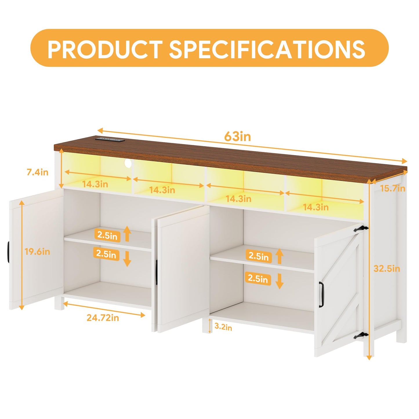 knoworld 63'' Buffet Sideboard with Storage with Power Outlets & LED Light 4 Doors, Large Farmhouse Kitchen Storage Cabinet Wood Coffee Bar Cabinet Buffet Table for Kitchen, Dining Room, Entryway