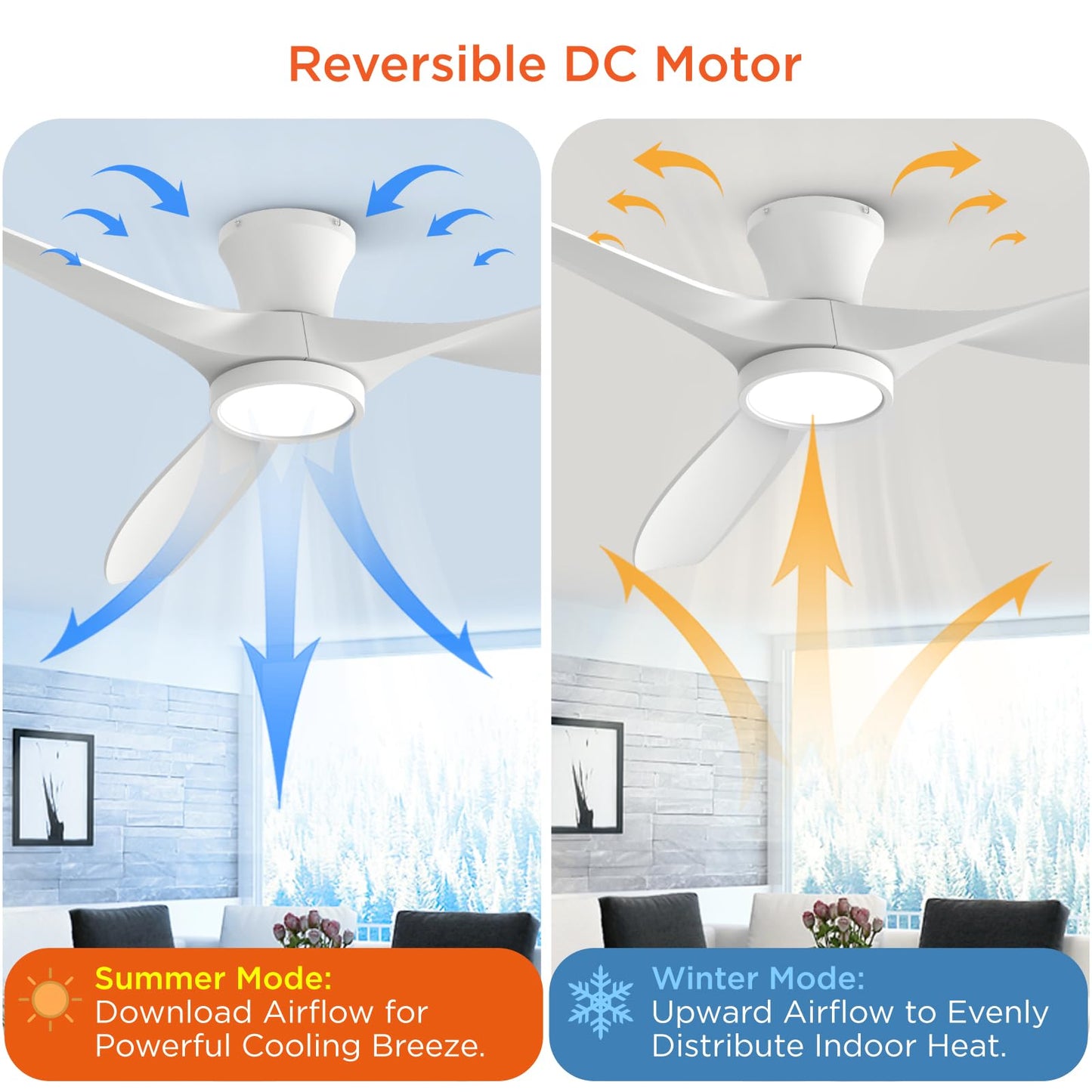 TALOYA 52 inch Ceiling Fans with Lights Remote Control, Modern Low Profile Ceiling Fan with Quiet Reversible DC Motor for Bedroom Living Room and Patio White
