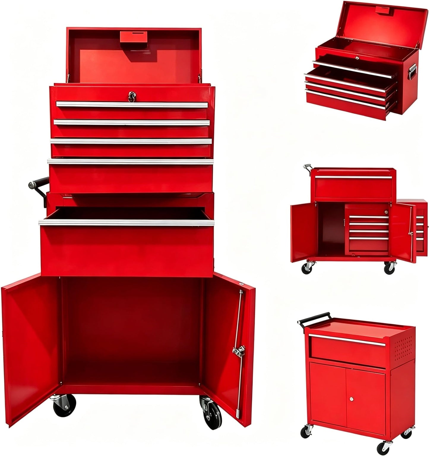 SierraSquad Heavy Duty 8-Drawer Rolling Tool Chest, 2-in-1 Detachable Top Tool Box, Locking Steel Storage Cabinet Cart on Wheels, Red