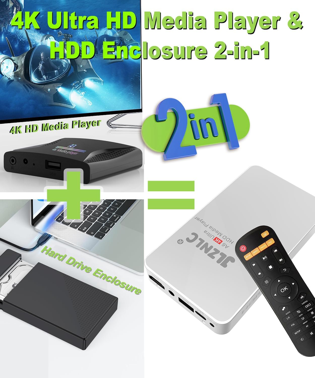 JLZNLC 4K 2-in-1,Digital H.265/HEVC H.264/AVC MP4 Videos,MP3 HDDs,USB/MicroSD,4k Ultra HD Media Player & HDD Enclosure