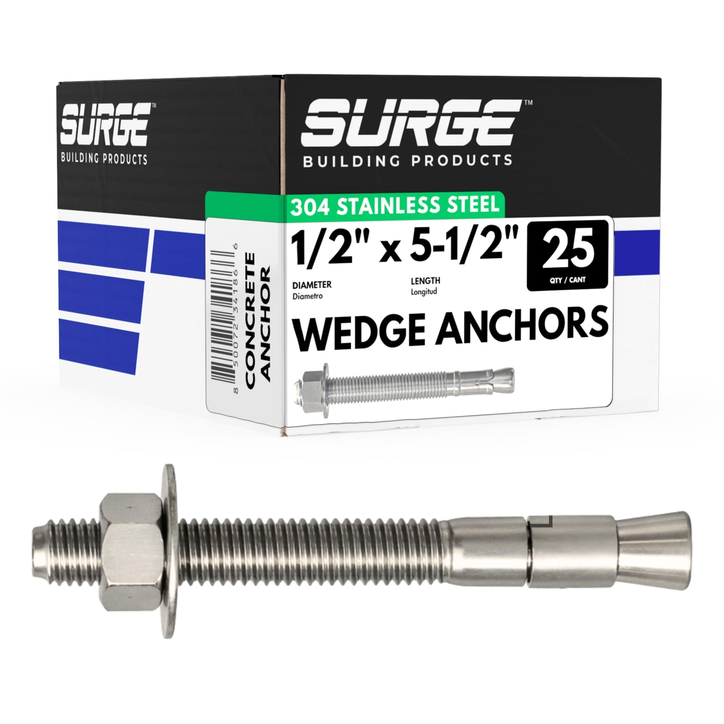 1/2" X 5-1/2" 304 Stainless Steel Wedge Anchors for Concrete and Cement | Heavy-Duty 1/2" Stainless Steel Bolts for Outdoor and Coastal Applications (Box of 25)