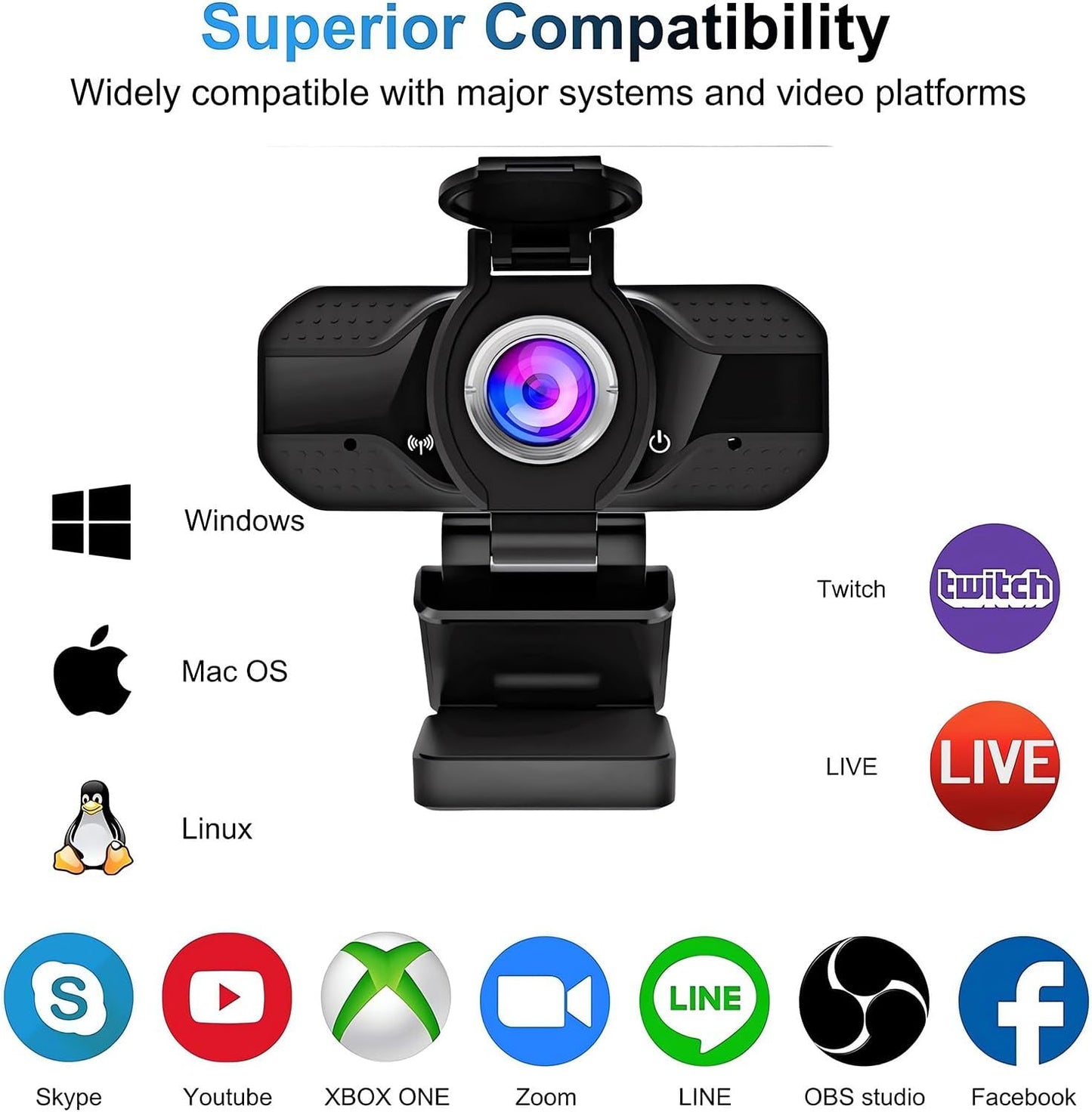 JORPETS 1080p Full HD Webcam with Privacy Shutter and Tripod, Video and Wide Angle Camera, Built-in Mic, Widescreen USB