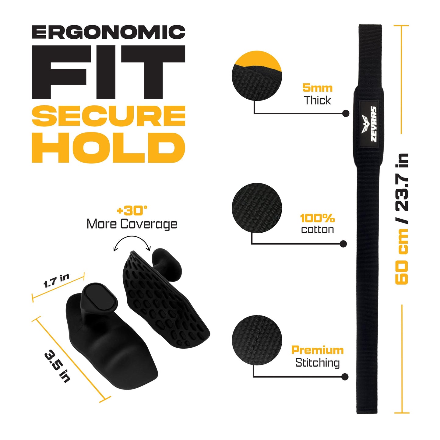 ZEYRAS 2-in-1 Wrist Straps for Weightlifting with Anti-Slip Hand Grips, Gym Lifting Straps with 60 cm Cotton Support, Padded Durable Design, Wrist Lifting Straps Gloves Alternative