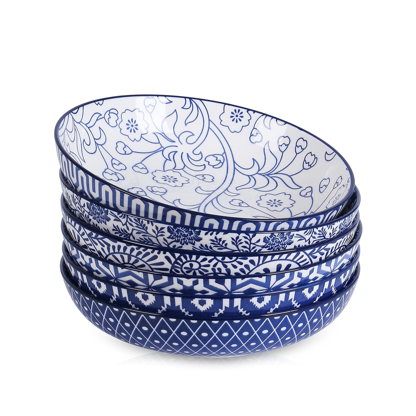 Selamica Ceramic Pasta Bowls Set 34 OZ, Large Salad Bowls 8.6 Inch Dinner Bowls for Kitchen, Wide Shallow Bowls Deep Plates for Pasta Soup, Microwave & Dishwasher Safe, Set of 6, Vintage Blue