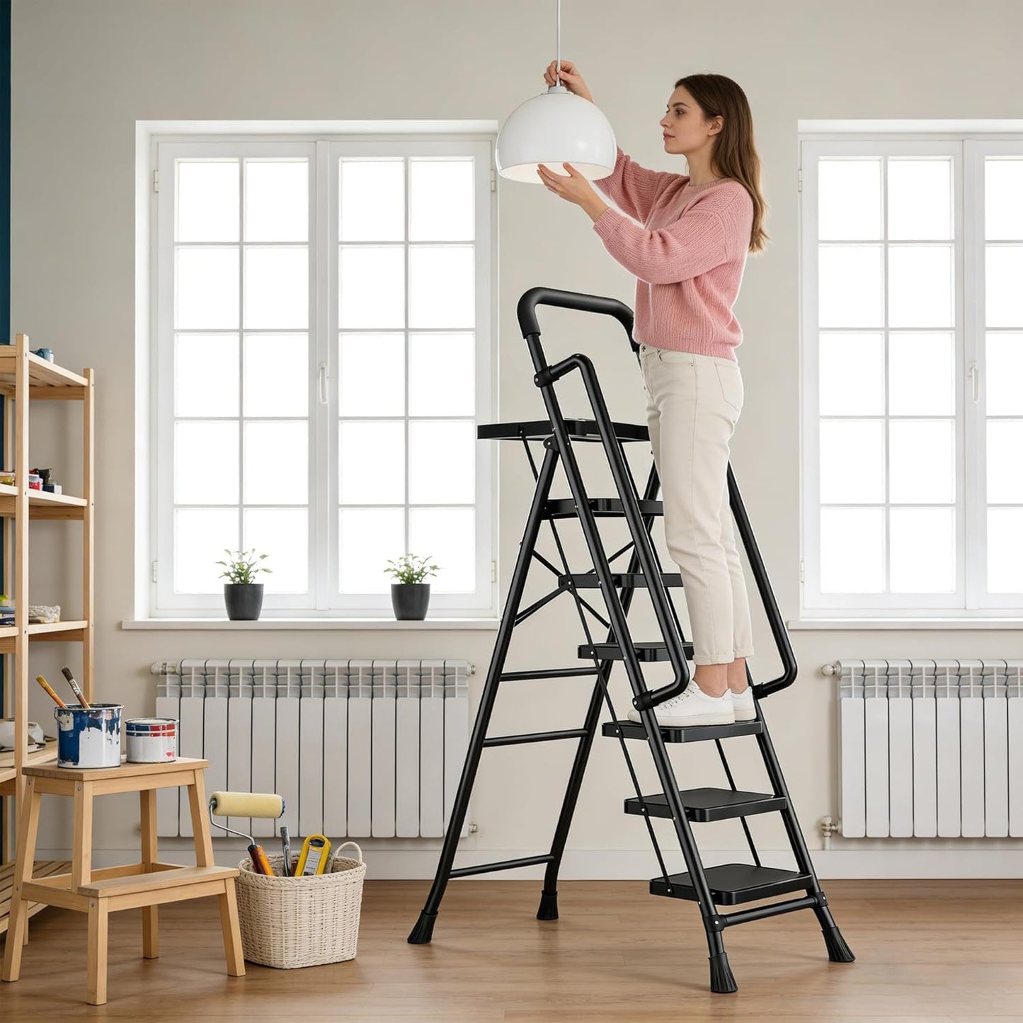 5 Step Ladder with Tool Platform, Folding Step Stool with Handrails, Sturdy Steel Ladder with Widen Pedals,Safe-Lock Design,Havy-Duty Portable Safety Ladder for Home Decor Painting Outdoor Garage