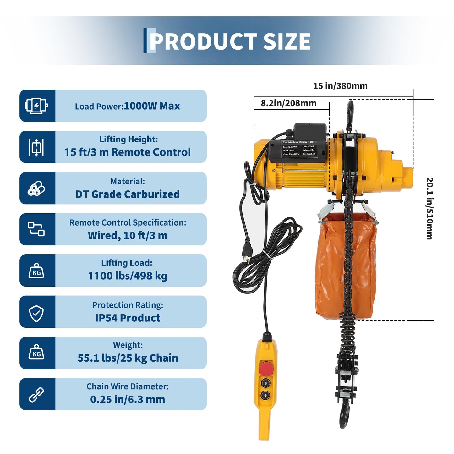 1100 lbs Electric Chain Hoist 15 FT Lifting Height, 120V Electric Hoist, Single Phase Overhead Crane with G100 Chain, 10 ft Wired Remote Control for Garage, Shop, Hotel, Home