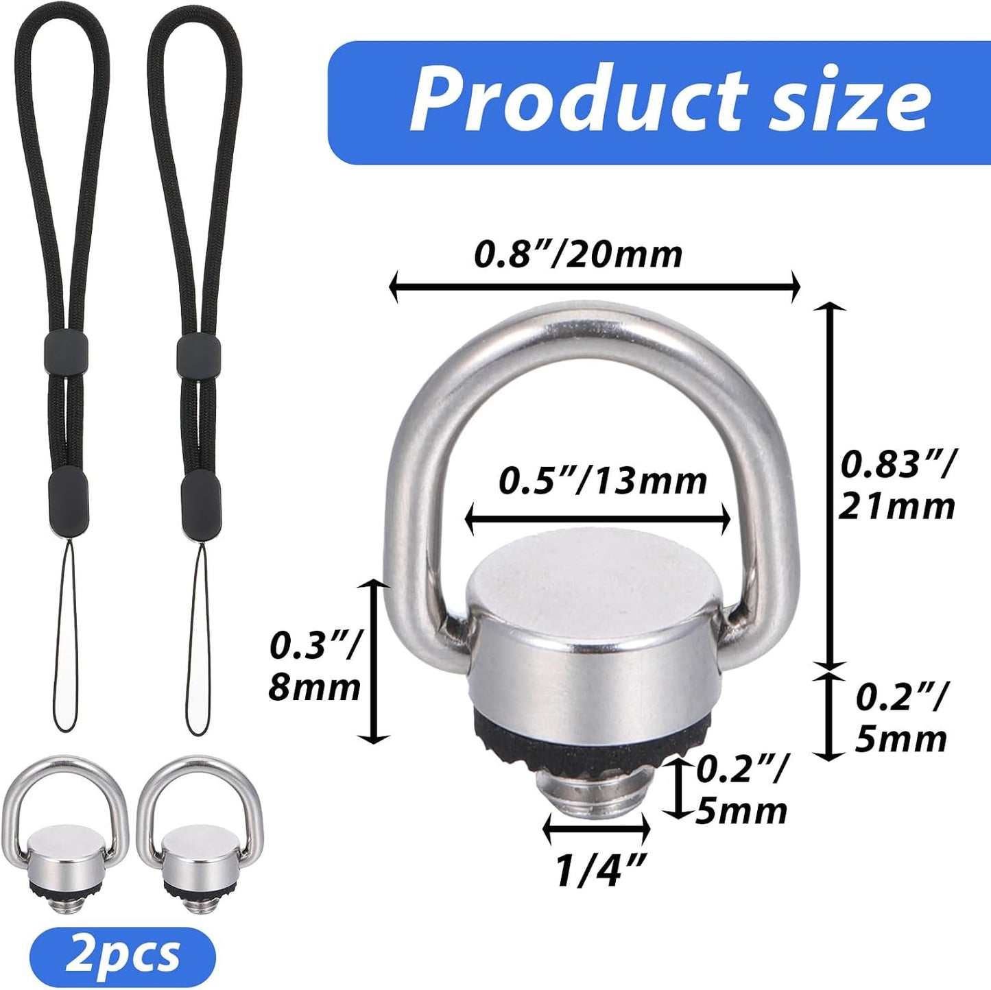 Jxiwfvl 2 Pack 1/4"-20 Stainless Steel D Ring Screw, Ring Camera Screws, Tripod Camera Fixing Screws with Rubber Washer
