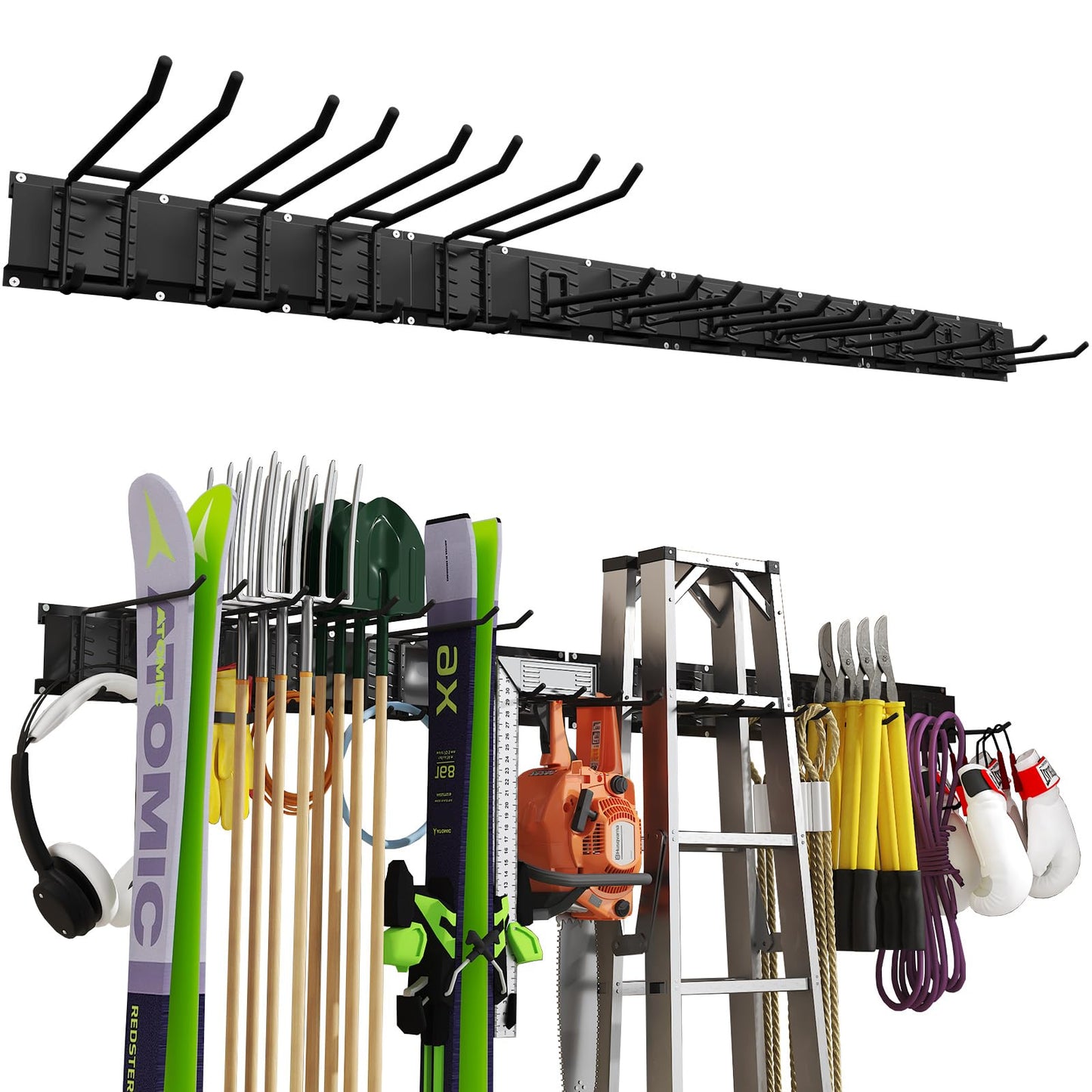 Howzone 64 Inches Garage Organization, Wall Mount Garden Tool Organizer, 880lbs Adjustable Heavy Duty Metal Hanging Hooks, Garden Tool Storage Rack for Garage, Yard, and Shed (4 Racks, 12 Hooks)
