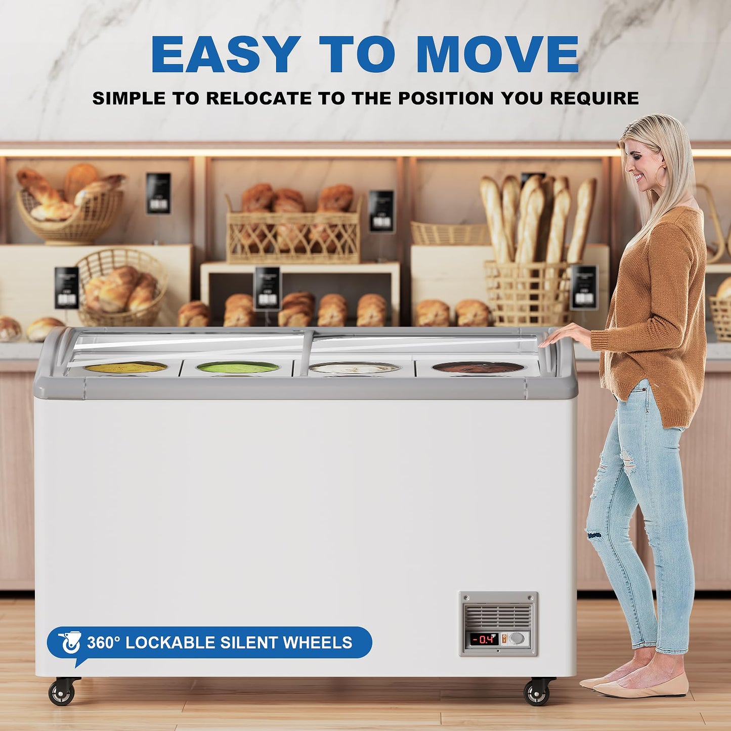 ECEVT Commercial Ice Cream Freezer, 13 Cu.Ft Ice Cream Dipping Cabinet Chest Freezer with Sliding Glass Top, 51'' with 8 * 3 Gallon Tubs, Rolling Wheels & Lockable Brakes for Business