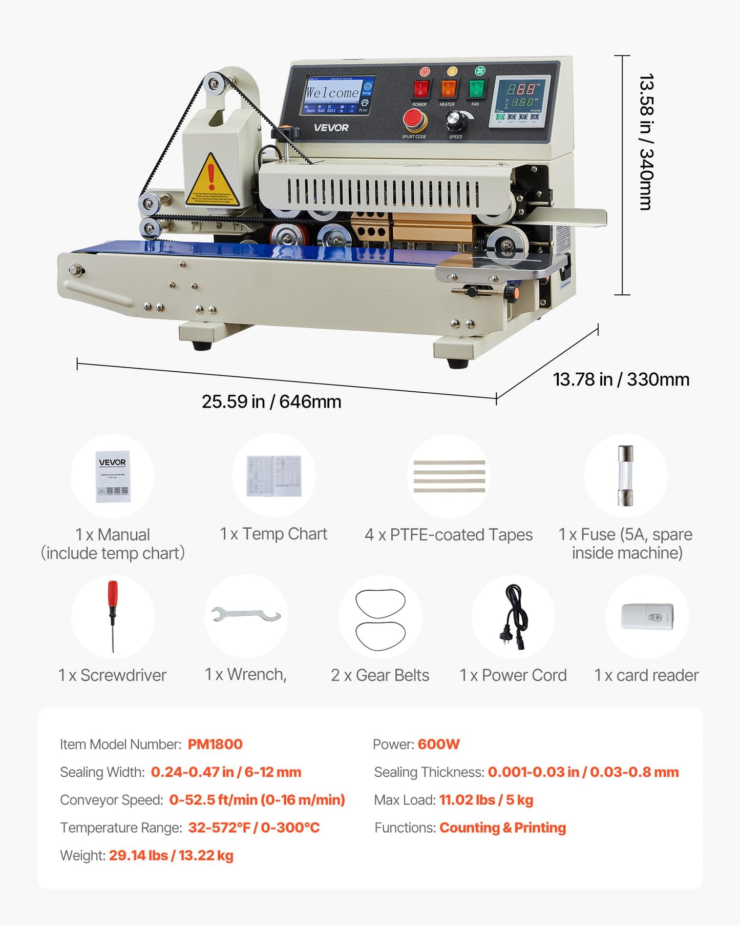 VEVOR Continuous Bag Band Sealing Machine, 0.24-0.47 in Seal Width, Horizontal Band Sealer Machine with Ink Printing, Temp & Speed Adjustable, Heat Sealing Machine for 0.001-0.03 in Plastic Bags