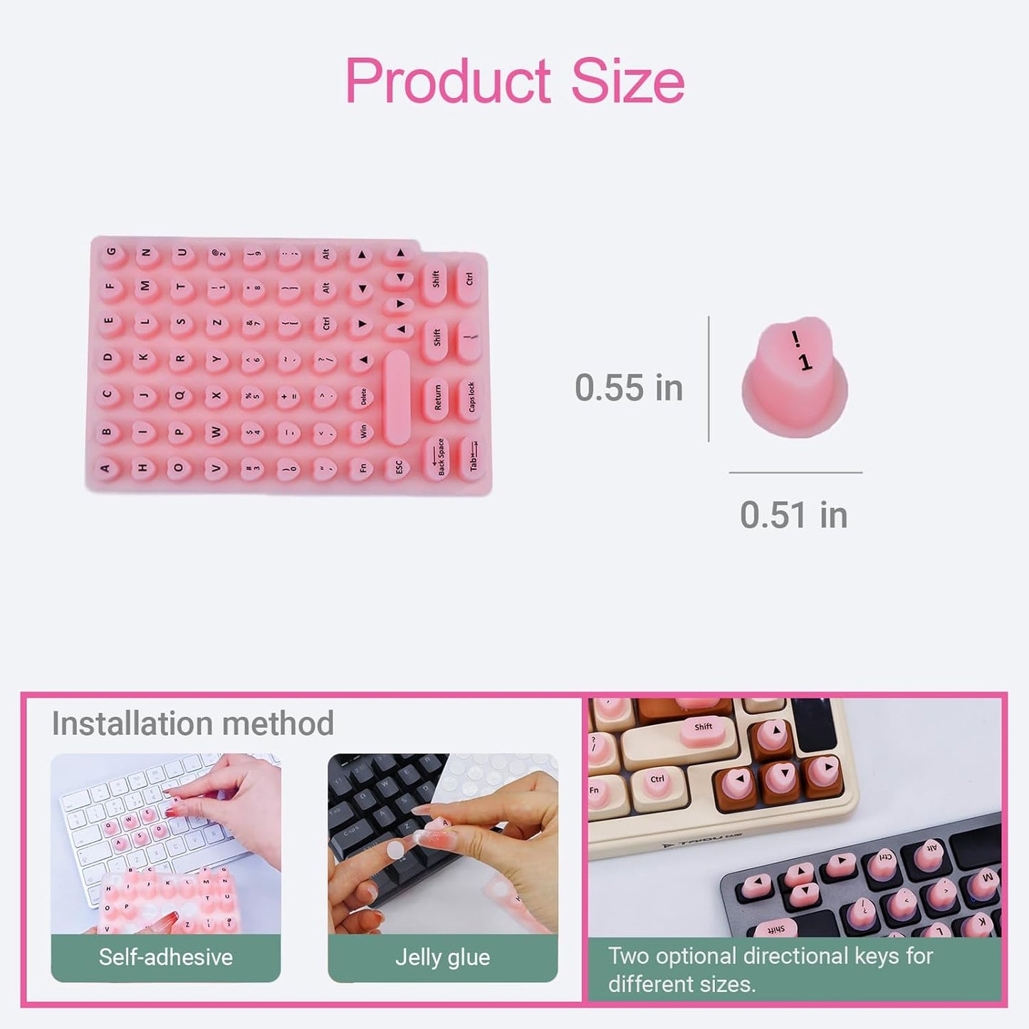 WANTHER (70 Raised Keyboard Stickers for Long Nails with Letters - Heart-Shaped Antistatic Silicone Protective Cover