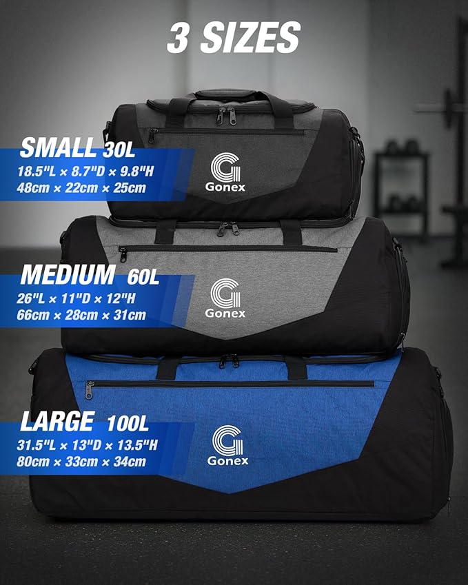 Gonex Gym Duffel Bag with Shoe Compartment Wet Pocket, Large Capacity Sports Duffle Bag for Men Women, Workout & Travel Bag with Multiple Pockets, Black/Gray, Small (30L)