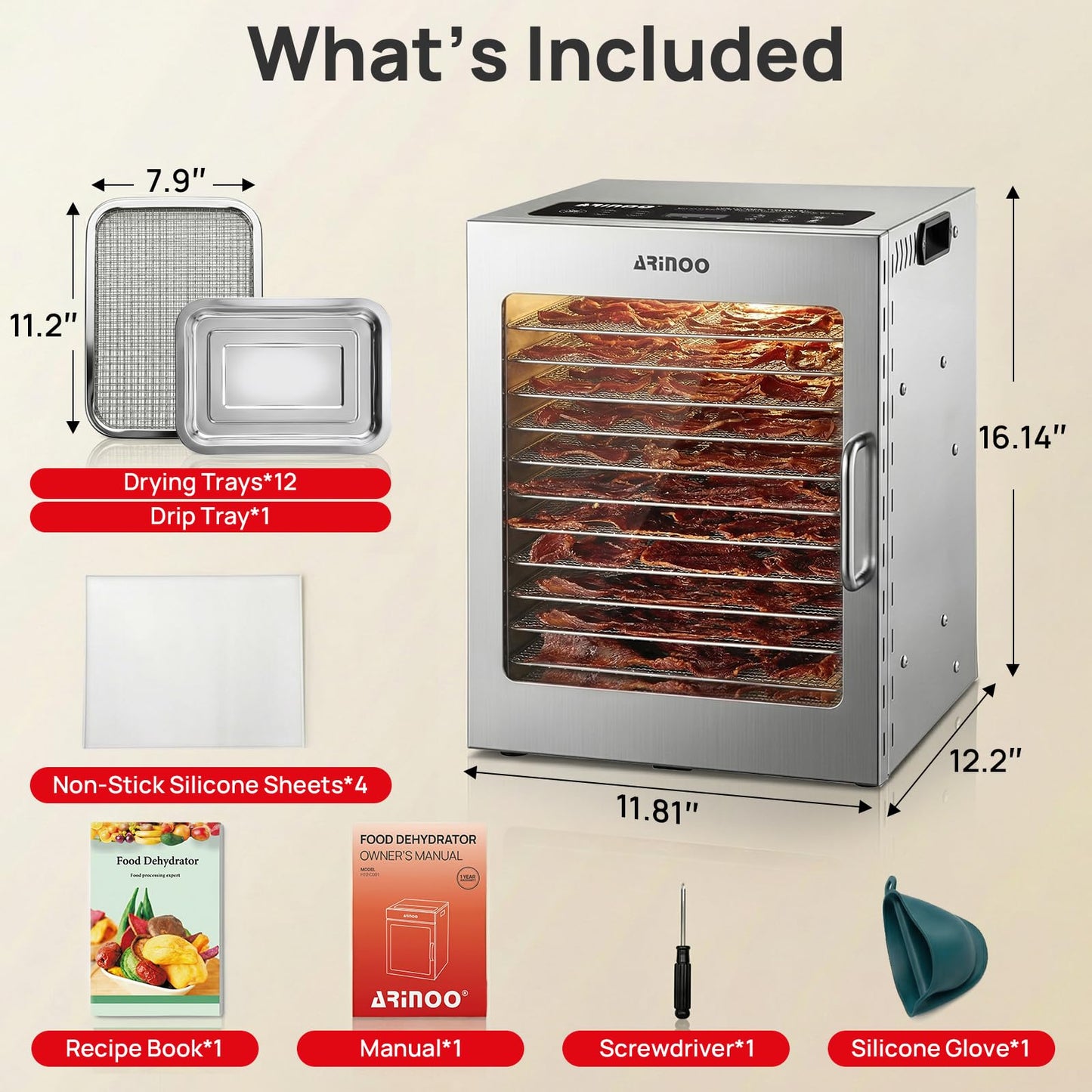 ARINOO Food Dehydrator Machine with 12 Stainless Steel Trays, 48H Timer, 85°-195°F Temp Control, 800W Powerful Mushroom Dryer, Food Dryer for Jerky, Dog Treat, Herbs, Fruit, Commercial and Home Use