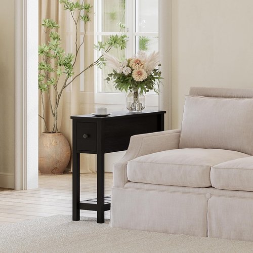 ChooChoo Narrow End Table, Small Side Table for Small Spaces, Slim End Table with Drawer, Narrow Nightstand Bedside Table for Living Room Bedroom, Black, 2 Pack