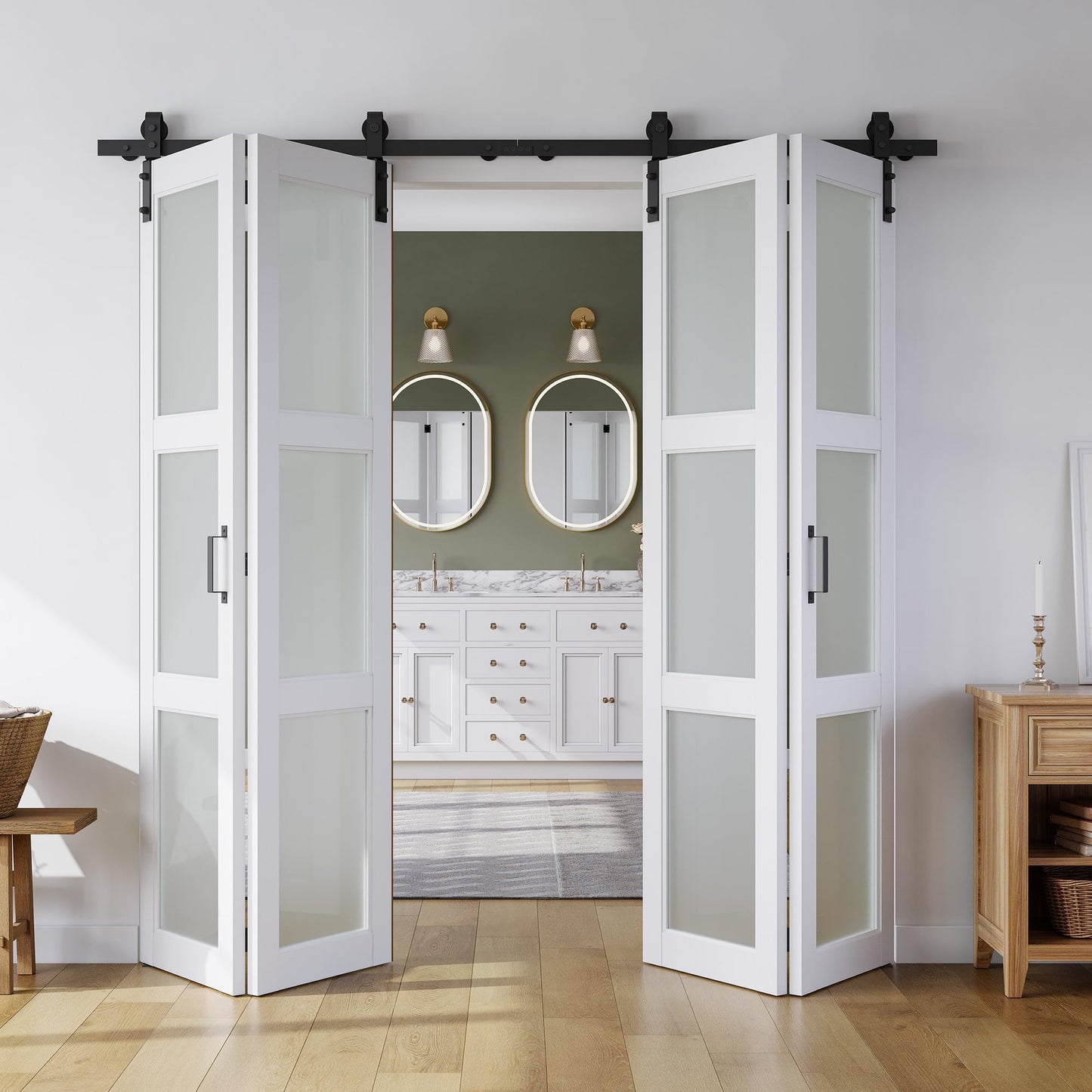 SMARTSTANDARD 80in x 84in Bifold Barn Door, Frosted Glass Barn Door with Hardware Kit Included, Pre-Drilled Holes Easy Assembly -Solid Barn Doors Slab Covered with Water-Proof PVC Surface, White
