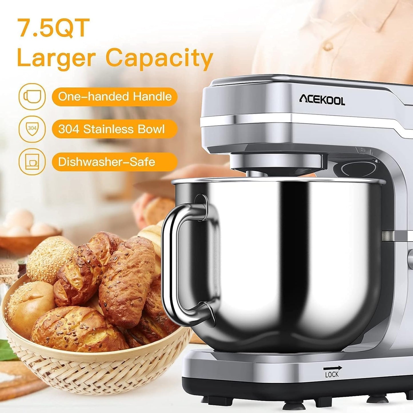 GarveeHome 7.5QT Stand Mixer, 10-Speed Tilt-Head Electric Food Mixer with Stainless Steel Bowl, 660W Motor, Dough Hook, Whisk & Beater, Compact Design for Home Baking,Silver
