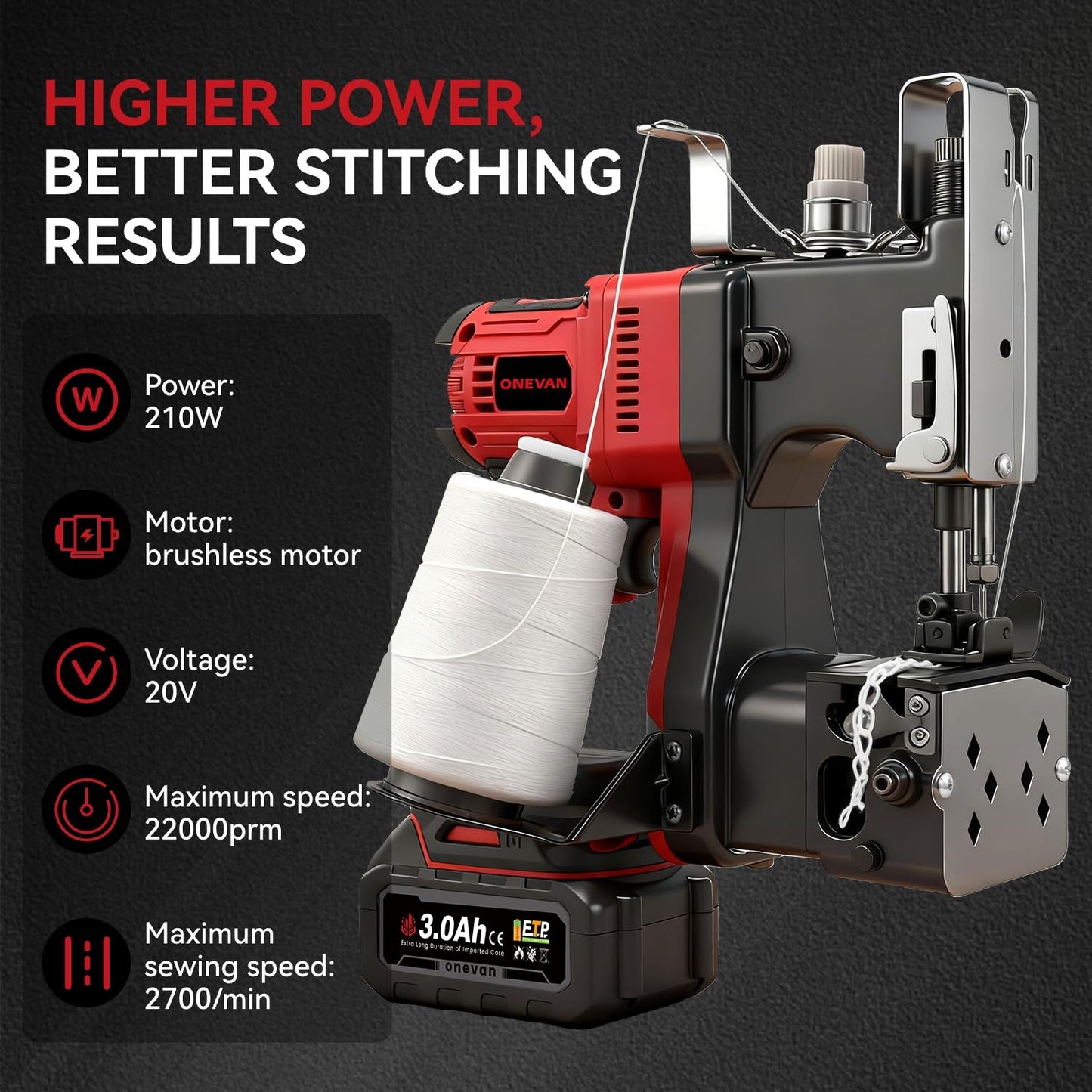 Cordless Bag Closing Machine with 2x3.0A Batteries, Brushless Motor, Battery Bag Sewing Machine Portable Bag Closer Stitcher Packing Machine for Feed Sacks, Rice Bags, Burlap Sack