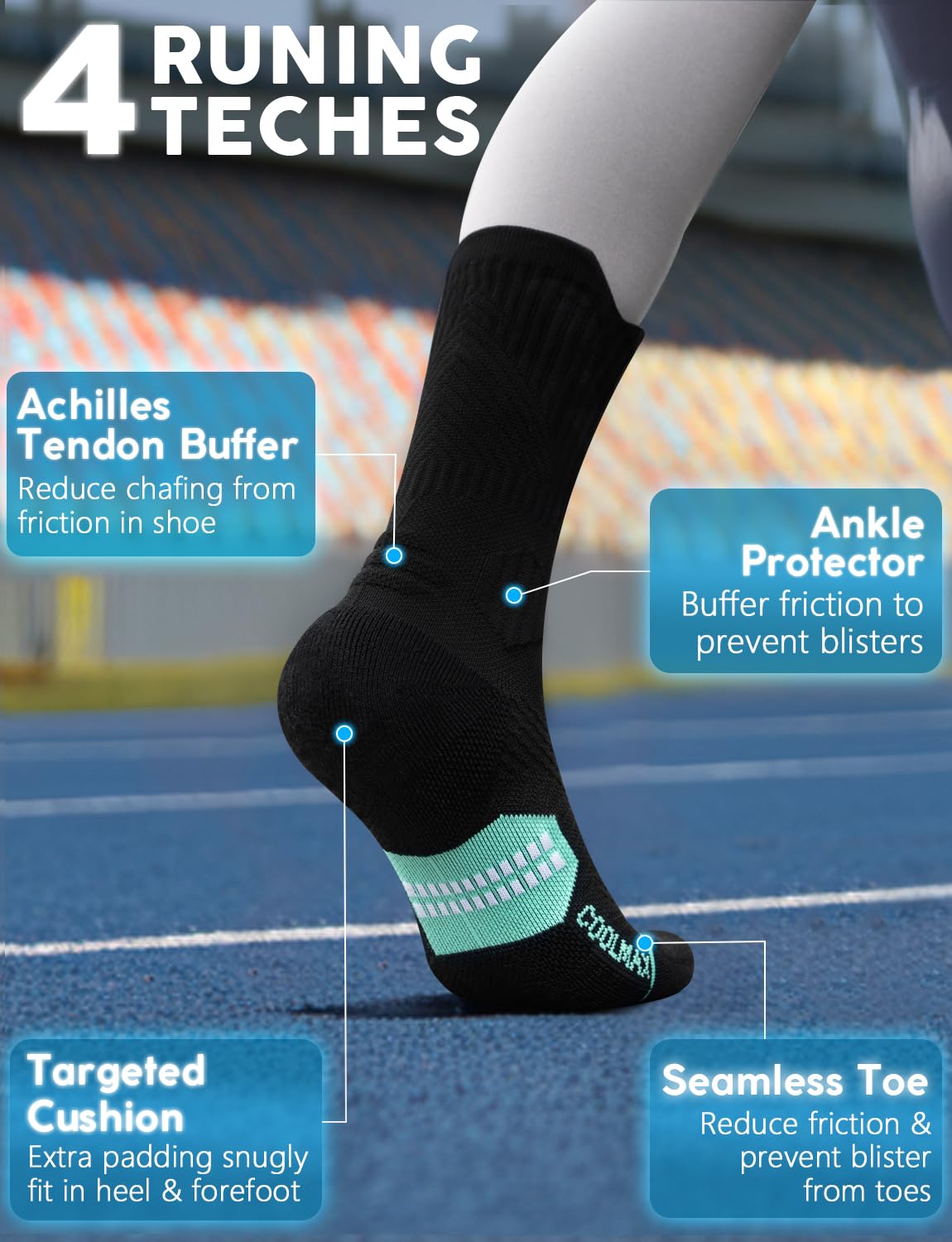 Juclise Womens Coolmax Bamboo Viscose Compression Running Crew Socks, Moisture-Wicking Anti-Blister Hiking&Gym Athletic (US, Alpha, Large, Regular, Regular, Classic Black*2+Aqua Black*1)