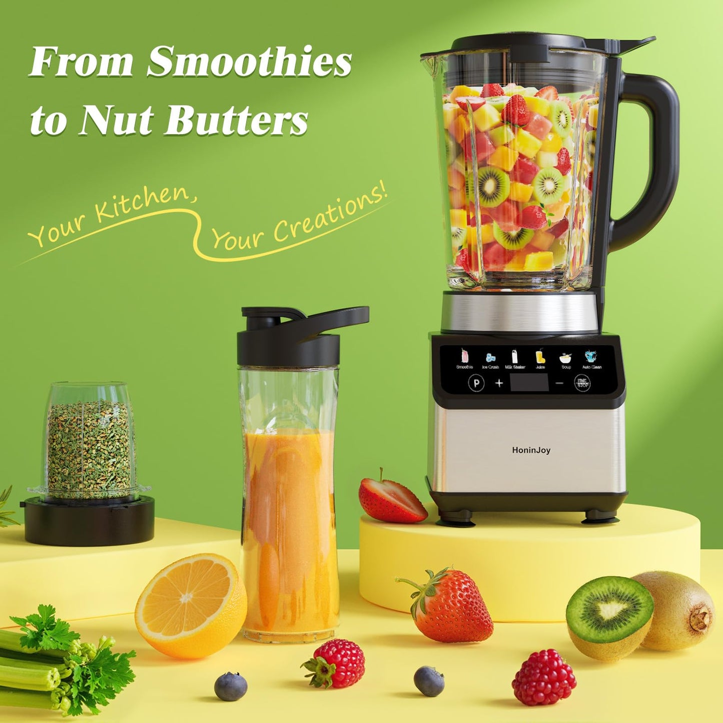 HoninJoy Blenders for Kitchen, Countertop Smoothie Blender with 51oz Glass Pitcher, Grinder & To-Go Cup Combo, 10 Speeds Digital Touchscreen Blender for Smoothies, Shake, Crush Ice, Dishwasher Safe