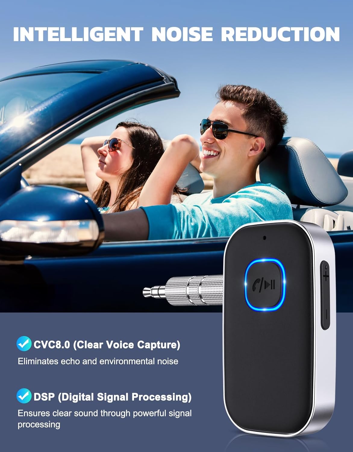 COMSOON 3.5mm 16H Bluetooth Receiver for Car, Noise Cancelling AUX Bluetooth Car Adapter, Wireless Audio Receiver