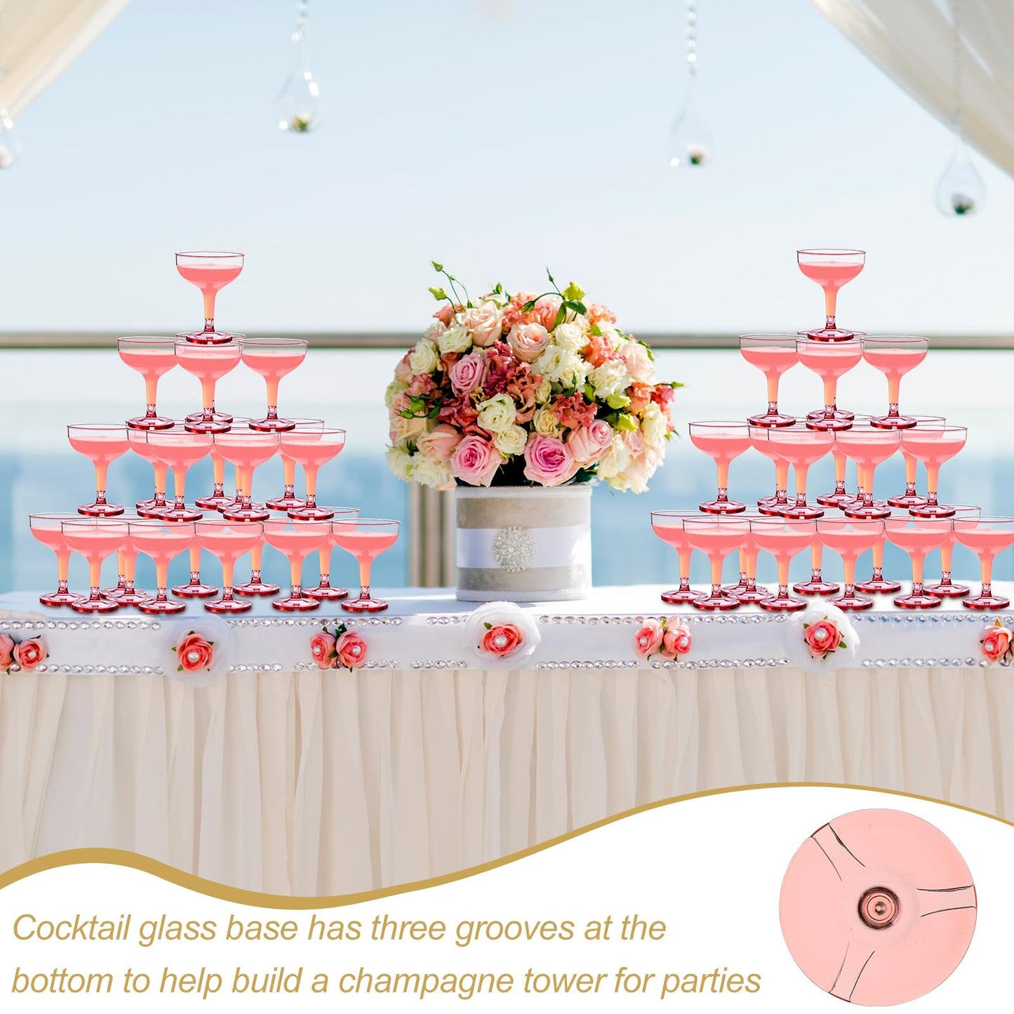 Zopeal 30 Pcs Plastic Champagne Tower Glasses - 5 oz Disposable Coupe Cocktail Cups for Graduation, Summer Pool Parties, Weddings, and Birthday Celebrations(Pink,Transparent)