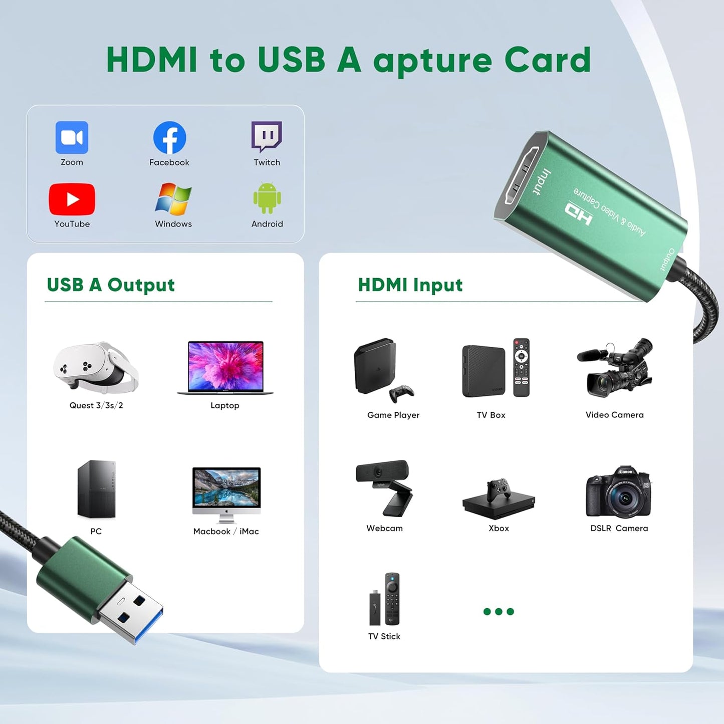 SROMGEE 4K 3.0 Card,1080P 60FPS 2/Xbox/PS5/4/Camera/Zoom/OBS(Green) Video Capture Card, HDMI to USB Capture Capture