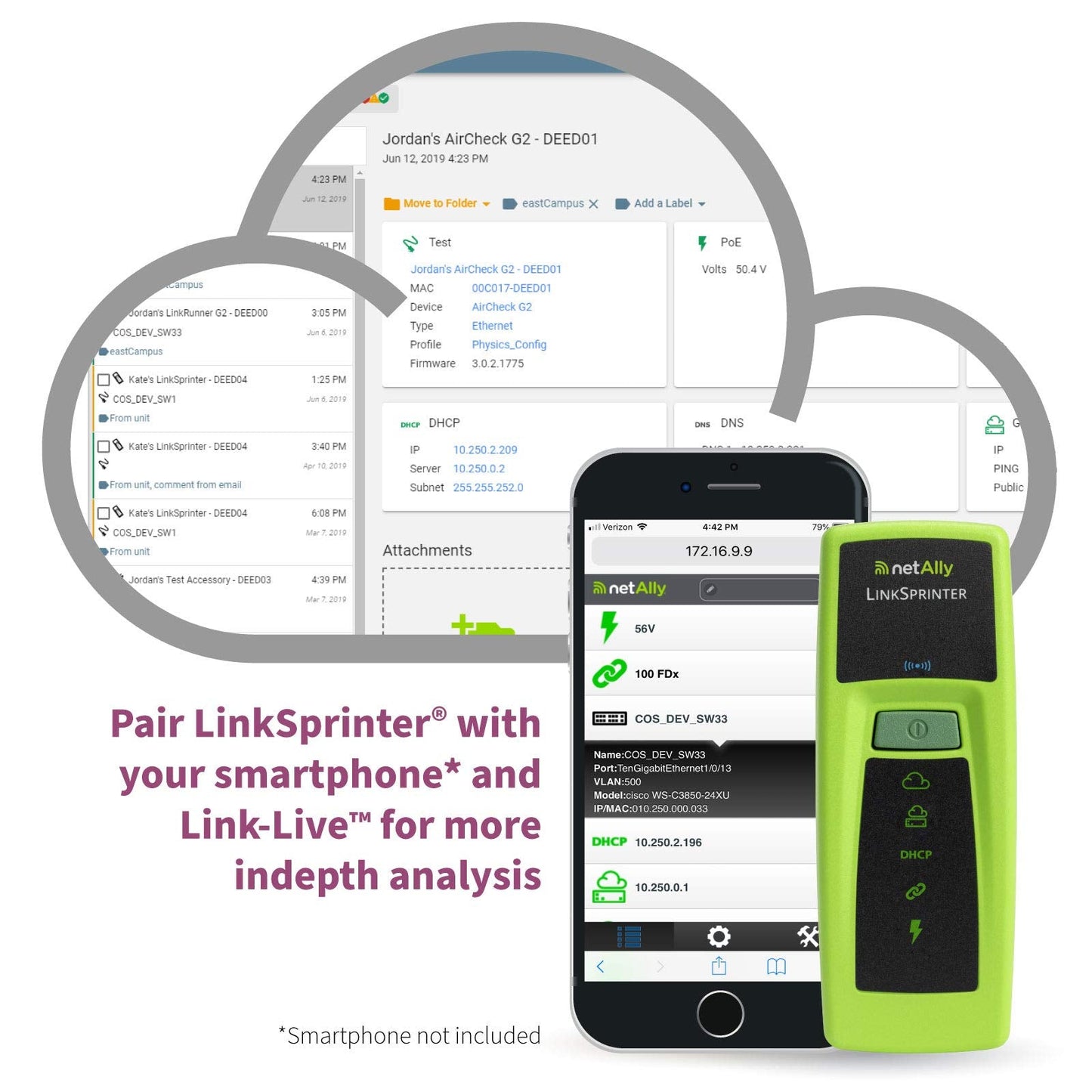 NetAlly LinkSprinter 300 - Pocket Copper Ethernet Network Tester for 10-Second Connectivity Checks (PoE, Link, DHCP, Gateway, Internet) with Link-Live Reporting