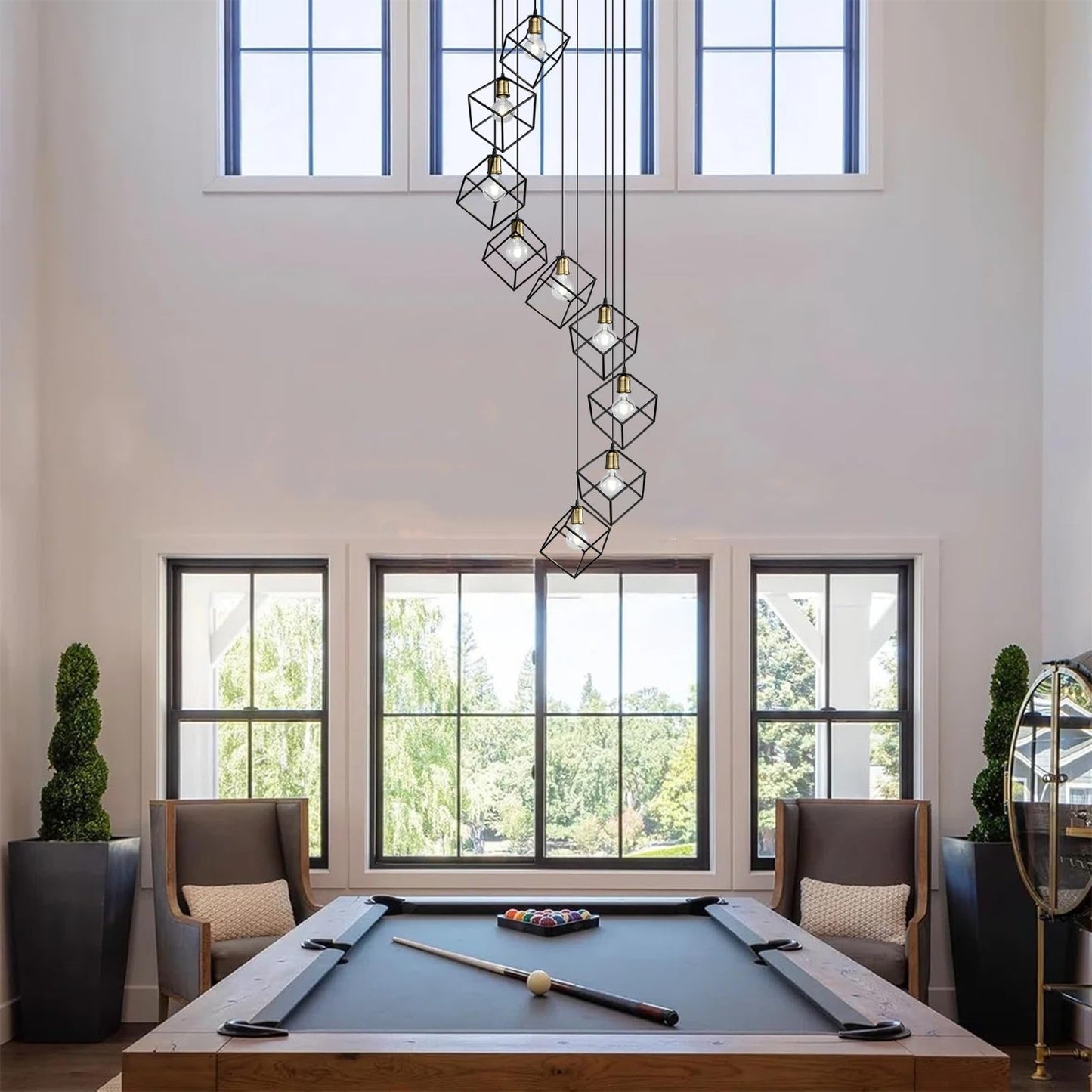 vivihobb 9 Light Large Modern Large Foyer Chandelier,Black Metal Cage,134" Long Light Fixture for High Ceilings Entryway Foyer Staircase,LED Bulbs Included