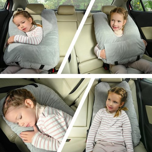 MOAOO Travel Pillow, Car Pillow for Kids & Adults, Kid Travel Sleeping Pillows for Neck & Body Support, Car Travel Essentials Pillow on Road Trips, Gray