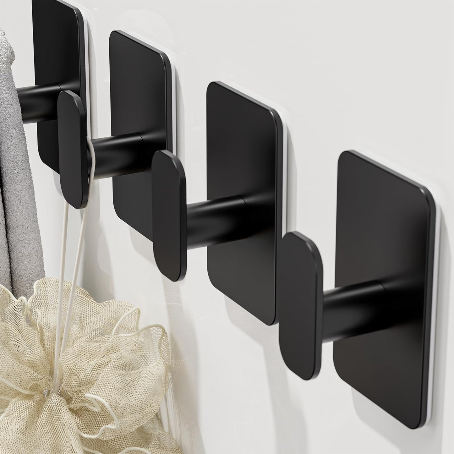 Skiennix Heavy Duty Self-Adhesive Hooks - 26lb Capacity, Waterproof & Rustproof Stainless Steel | Black, 4 Pack for Towel, Coat, Robe
